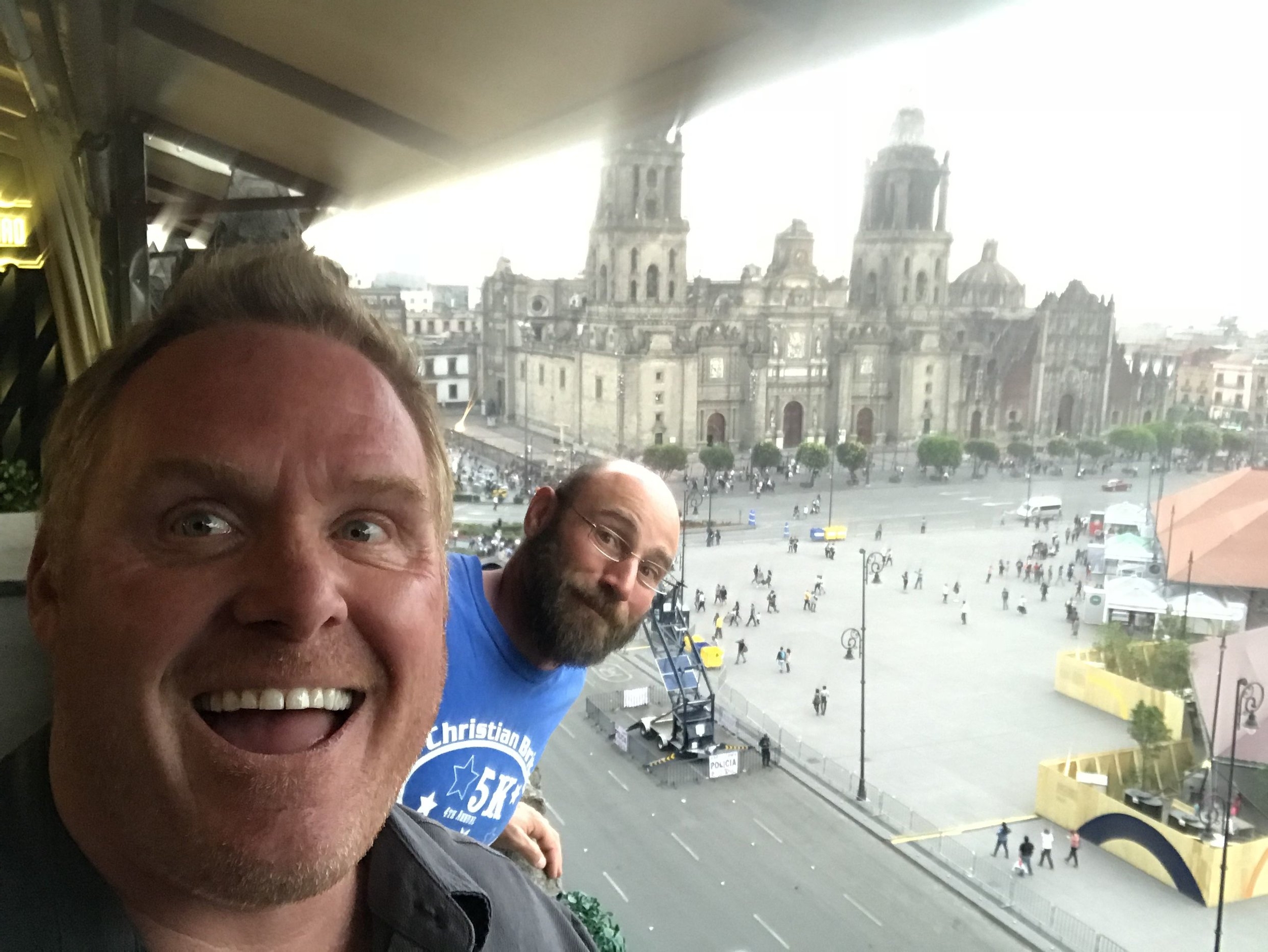 Jim, Paul, and the Catedral Metropolitana, in the Zocalo in Mexico City. Construction on the catedral was begun in 1573, just slightly before we were born.