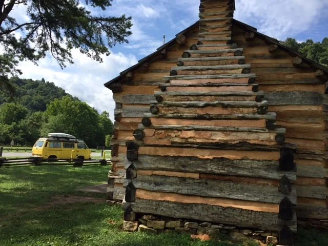 Wesley parked outside Abe Lincoln's boyhood home on Knob Creek in Hodgenville, Kentucky. The style was called a one man cabin - so named because it would take one man about 2 weeks to build one.