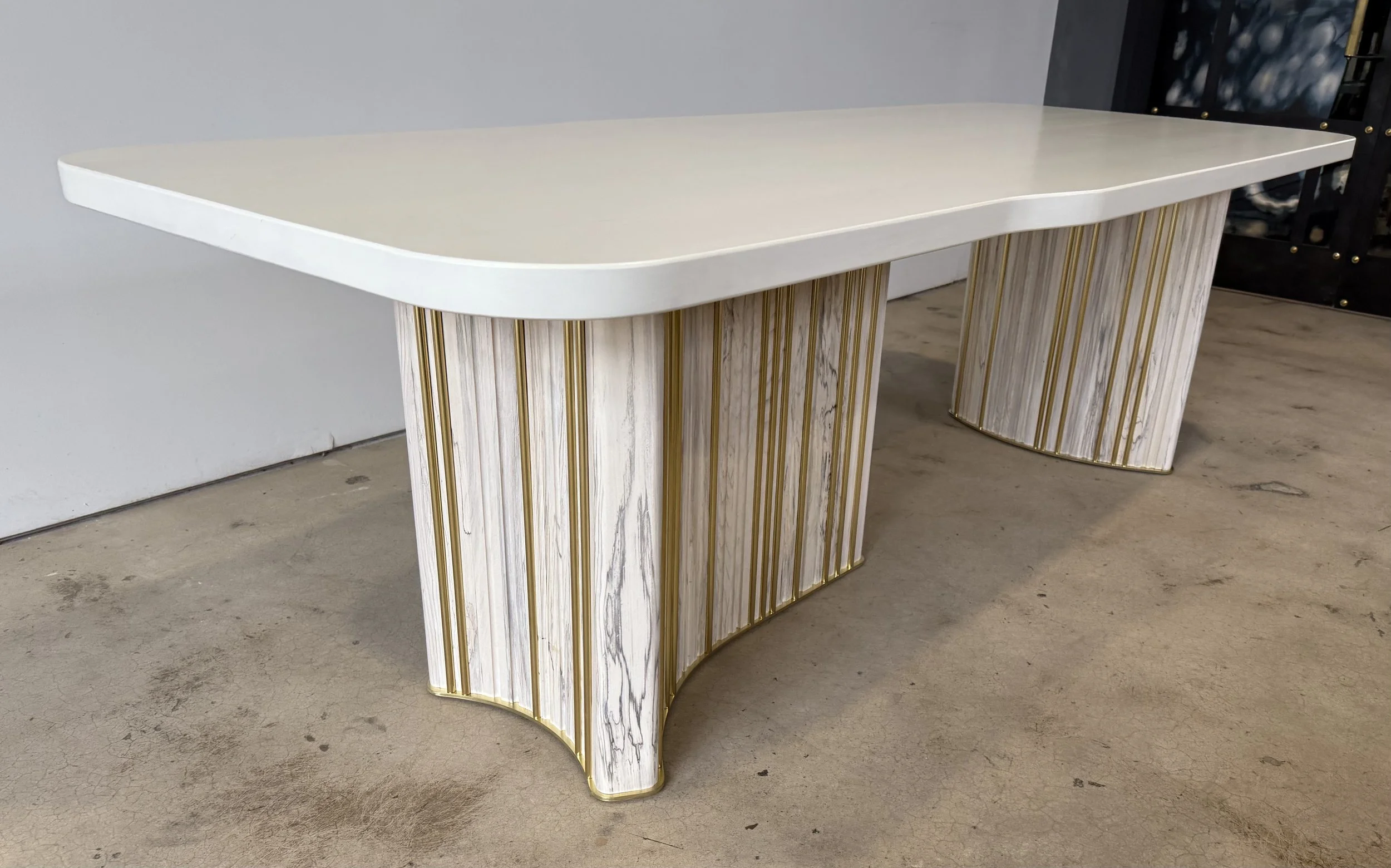 White maple table with fluted spalted hackberry base and brass detail