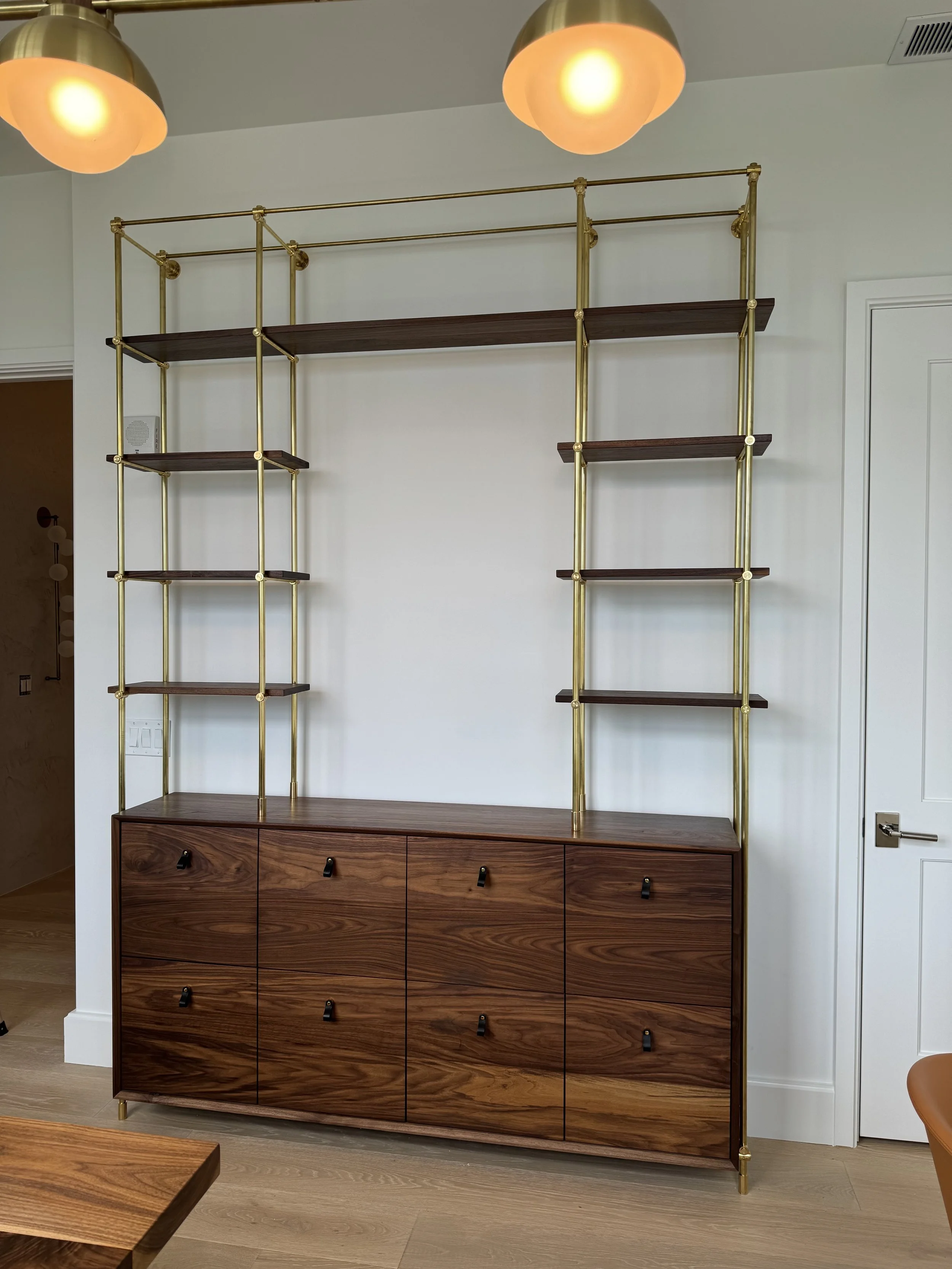 Brass and walnut shelving unit