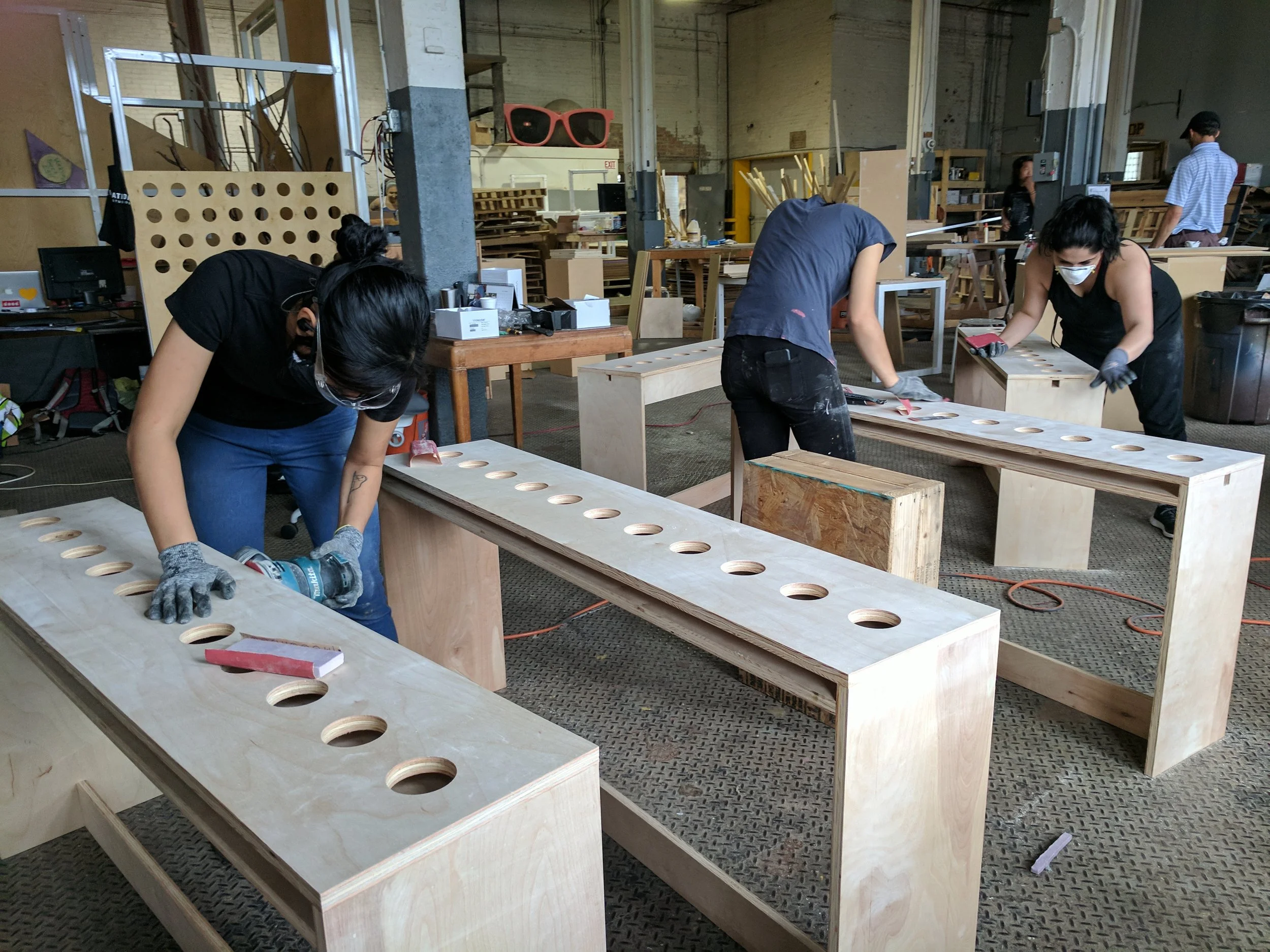 Tea Bar Tables being sanded and prepped for finishing.