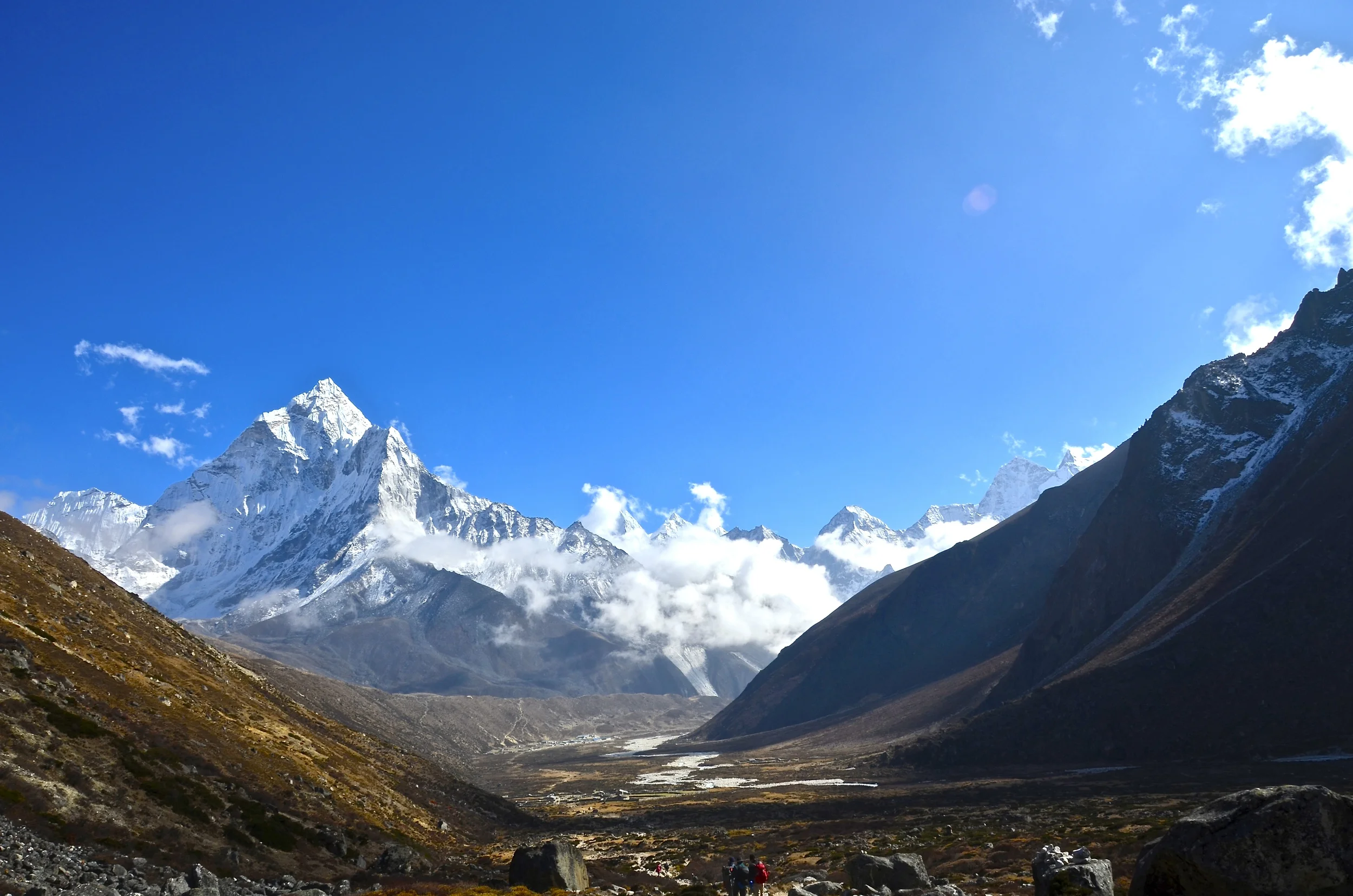 Hiking down into Pheriche on the Everest Base Camp trail