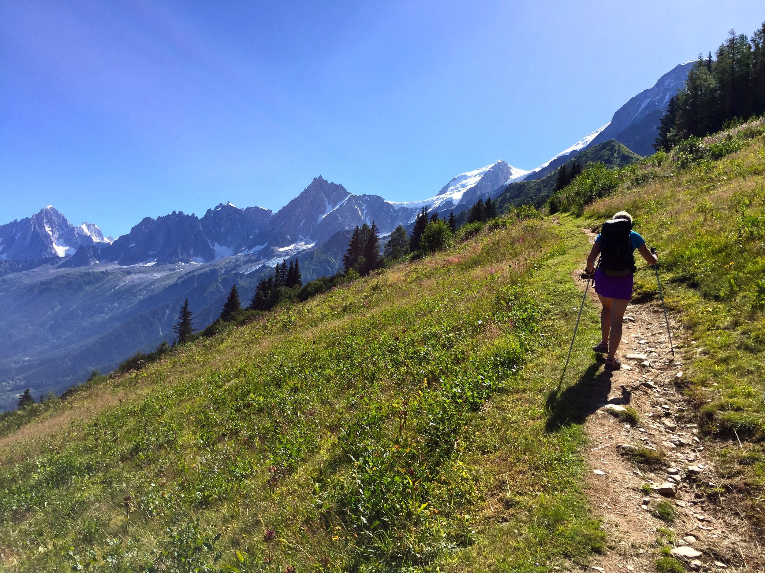 Our guide, Flo, leads us up and out of the Chamonix Valley from our start in Les Houches.