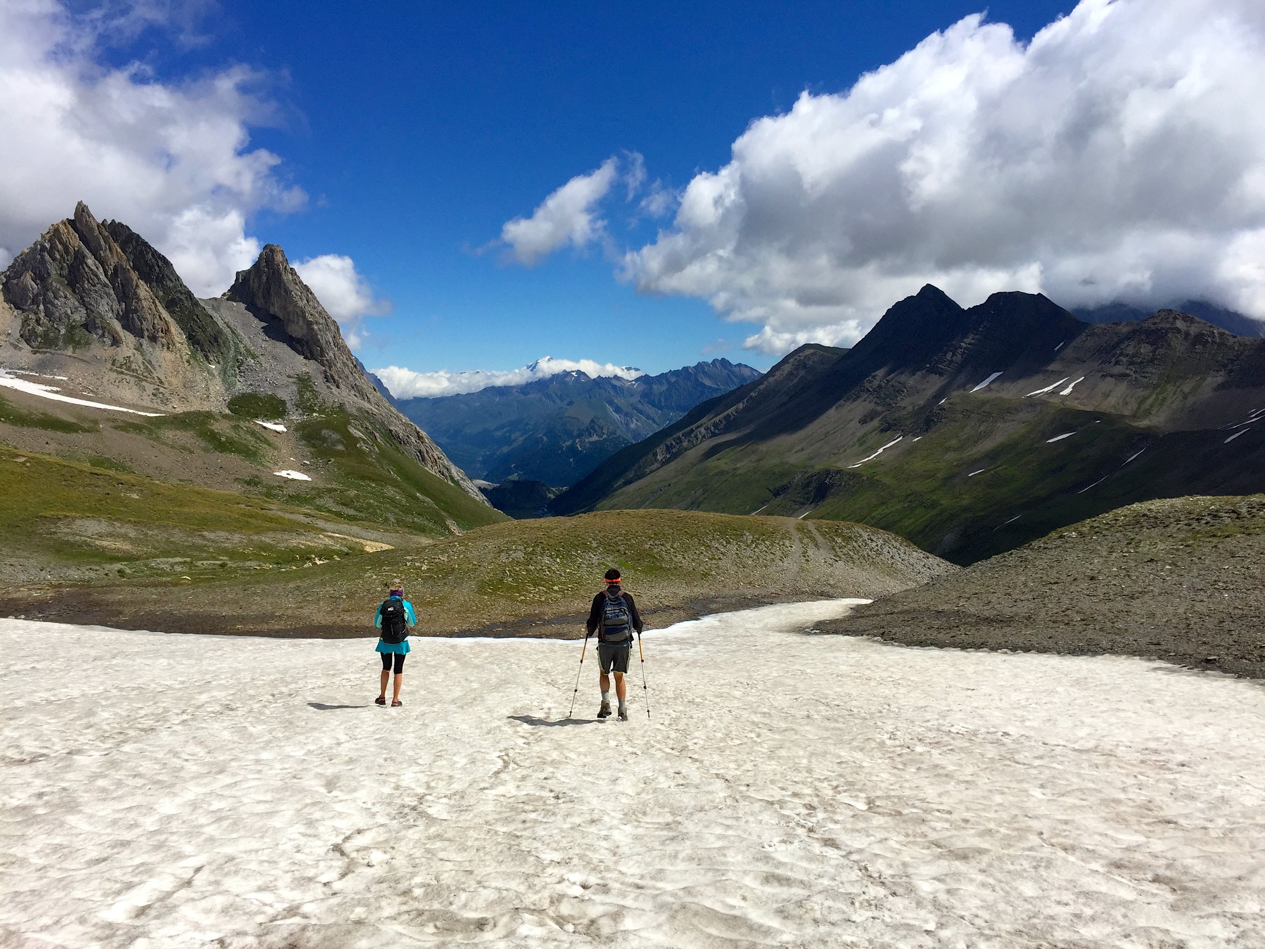 Even in August you encounter a few snowfields near the passes. This is just past Grand Col Ferret.