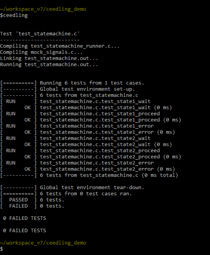 Running a Ceedling test on the local development workstation.