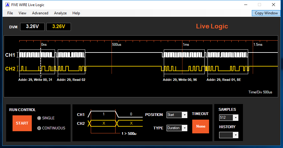 LiveLogic was used to capture and decode I2C traffic. Channel 1 is SCK, and Channel 2 is SDL.