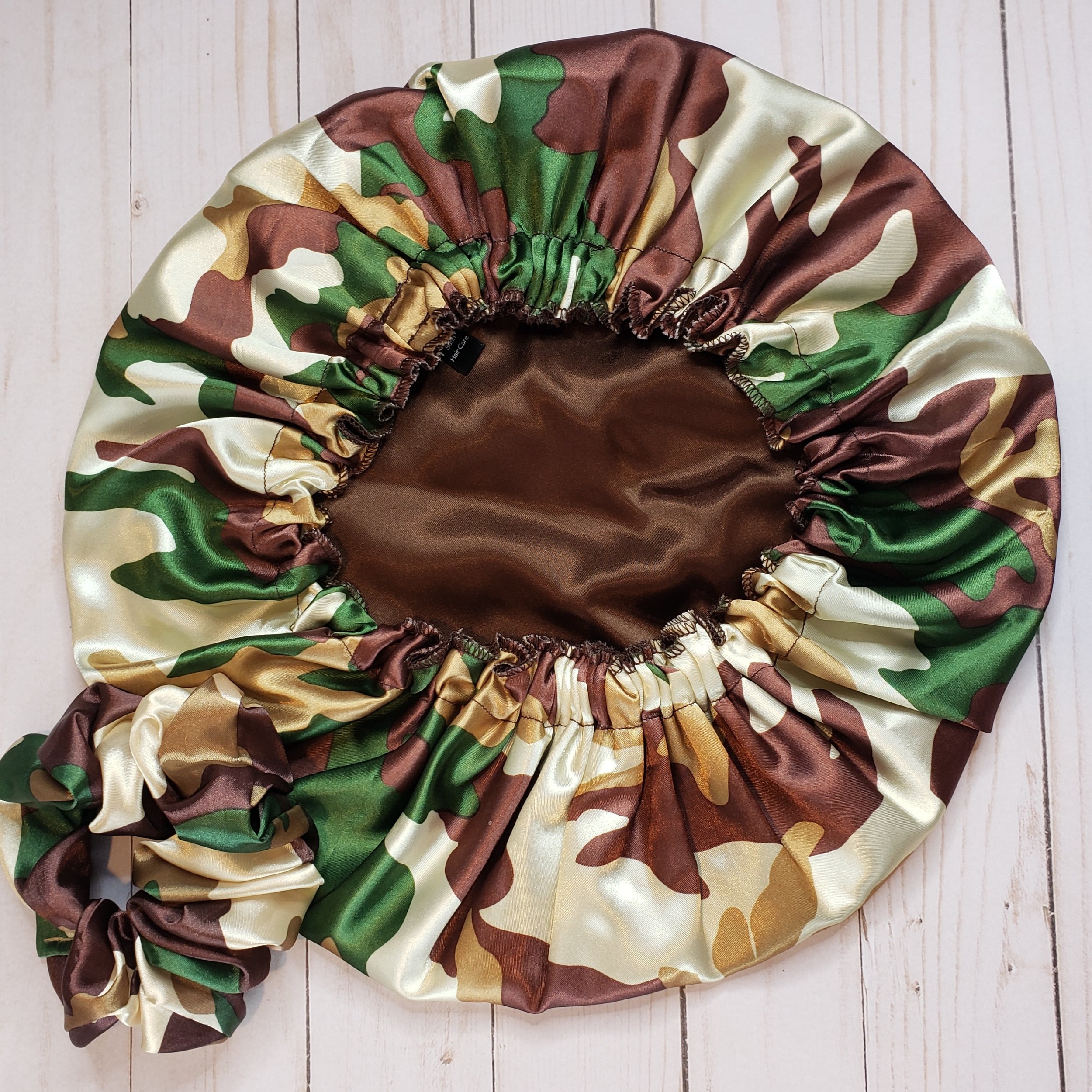 Extra-large brown with gold brown print silk-like charmeuse satin Bonnet