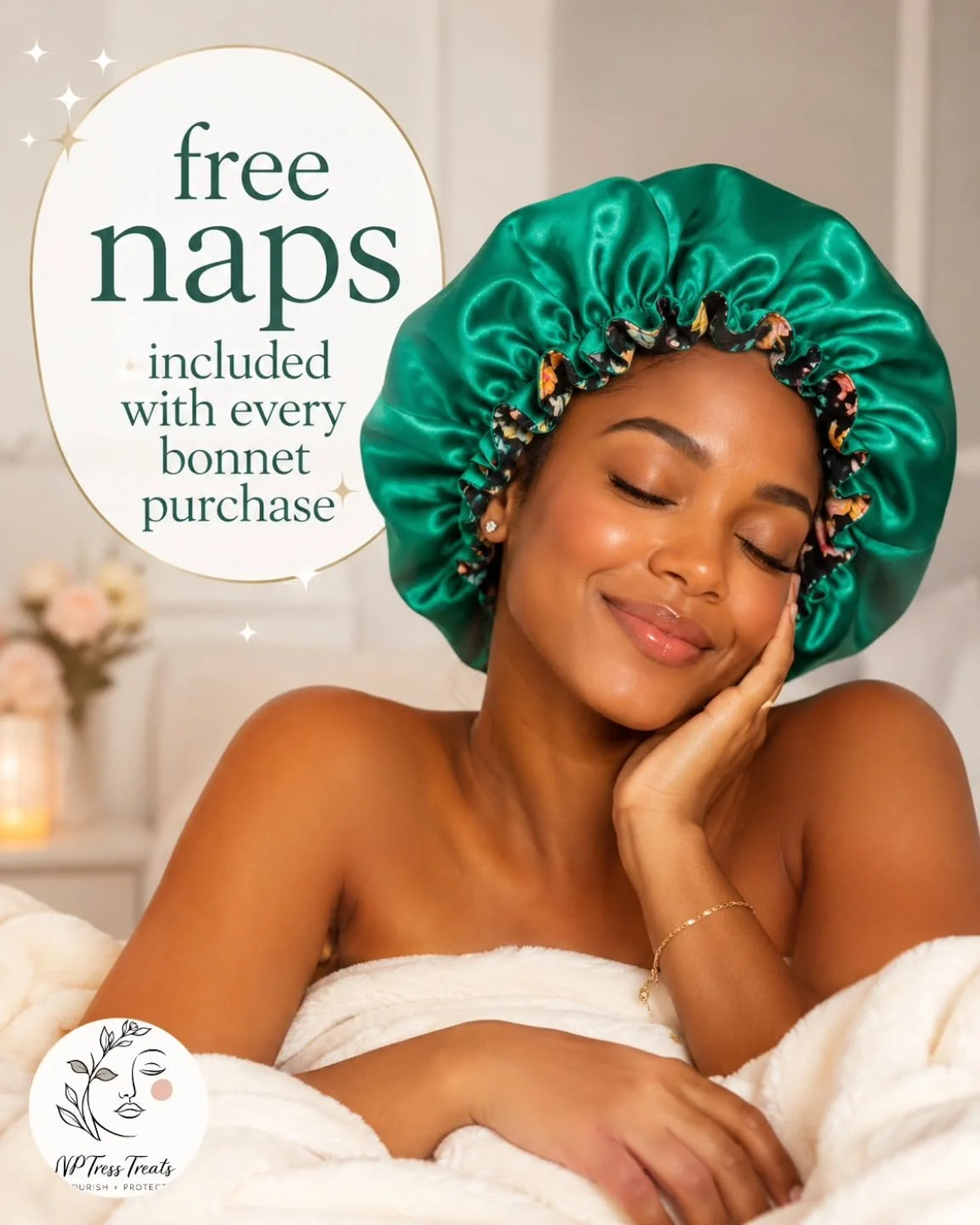 Free naps included with every bonnet purchase 😴✨

Because once your hair is wrapped in silky satin, the cozy kicks in real quick. NPTressTreats bonnets are made to help protect your hair while you rest, so you can wake up with less frizz, less frict