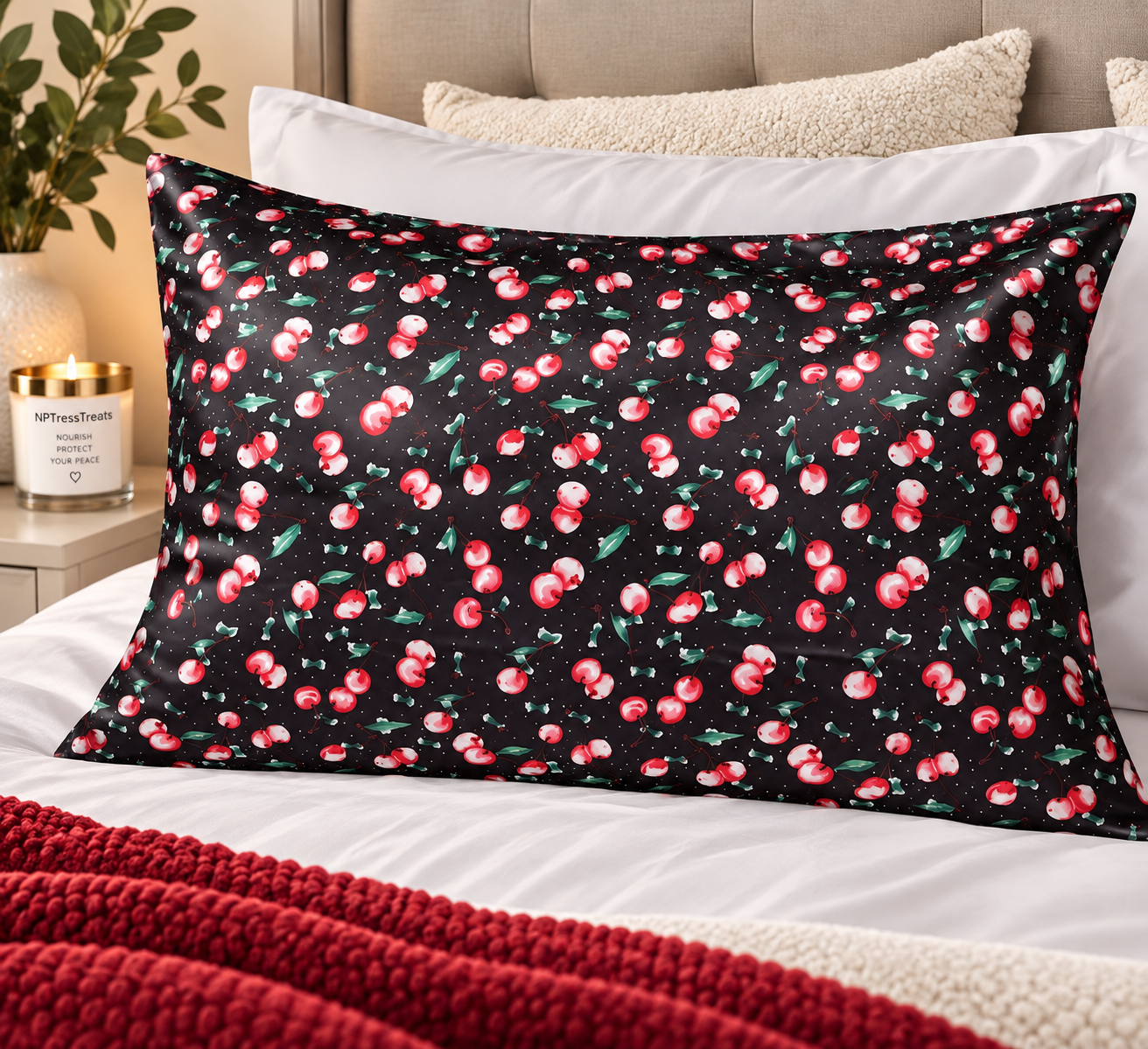 "Snow Cherries" Silky Satin Pillowcase (IP)
