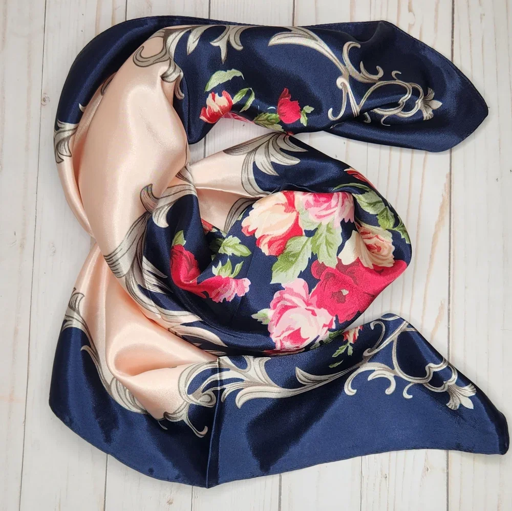 Rosas Navy Silky Satin Scarf.webp