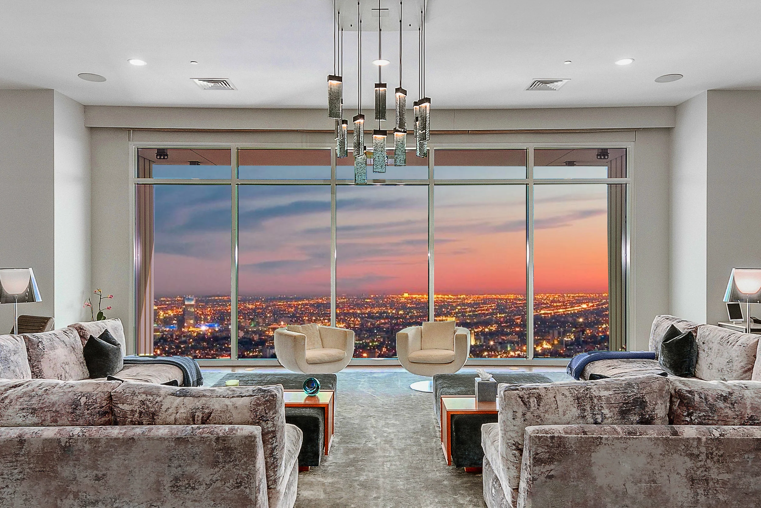 The 9,300-square-foot, full-floor penthouse of actor Matthew Perry features four terraces, an oversized living room and a new plush top screening room. (Michael McNamara / Jason Speth)