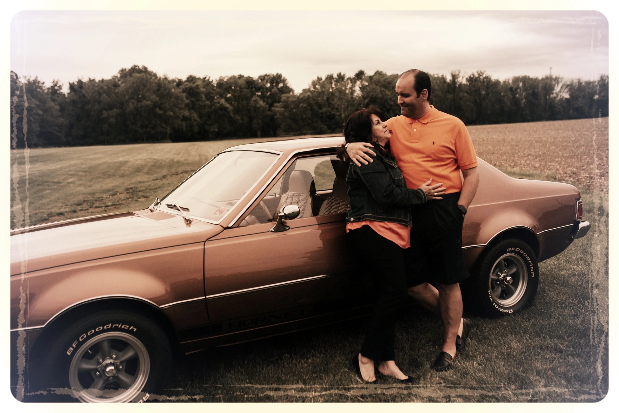 Mary & Alex, the older couple in the story, posing for a quick picture next to the 1973 AMC Hornet on set of the video shoot.