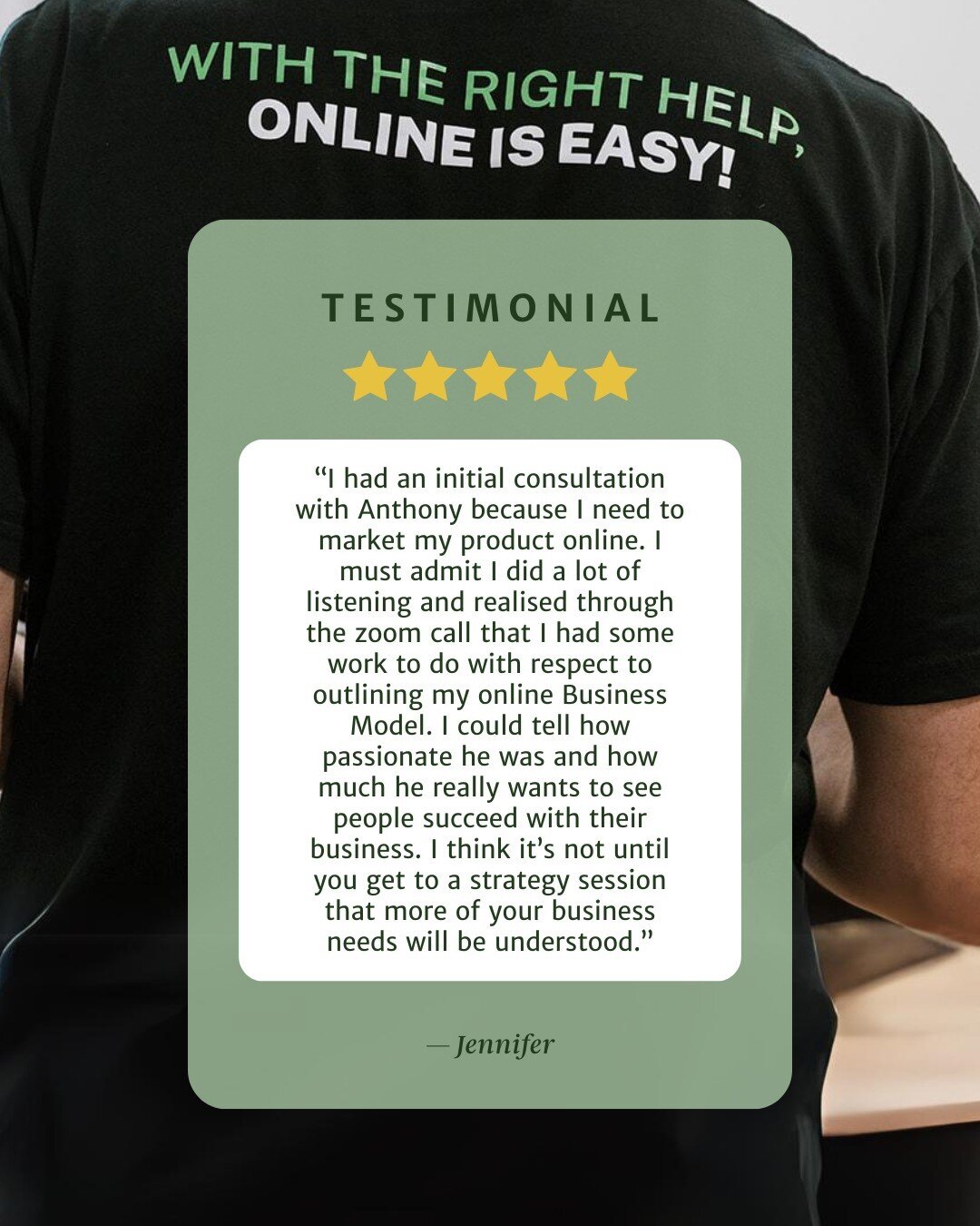 Here&rsquo;s one of the many reasons we get five stars on our reviews 🌟⁠
⁠
Step into Jennifer&rsquo;s shoes as she shares with us how the Digital Strategy supported her in her business. ⁠
⁠
&ldquo;I had an initial consultation with Anthony because I