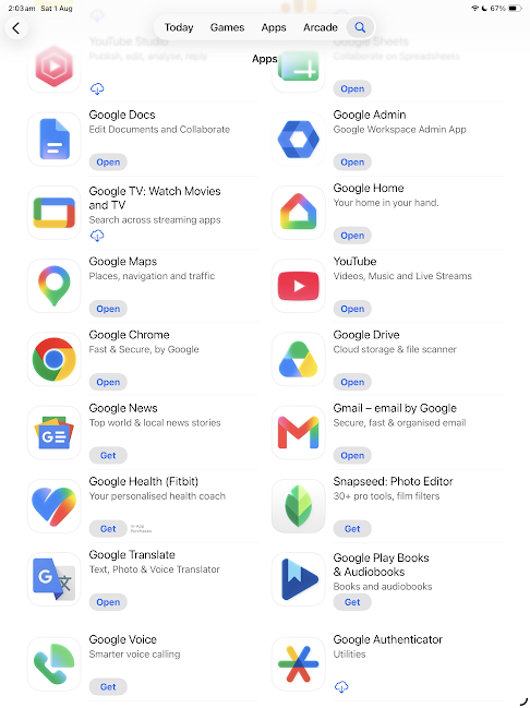 Apple App Store search results displaying Google Workspace apps including Google Admin and Google Authenticator for iPhone setup, managed by Online is Easy.