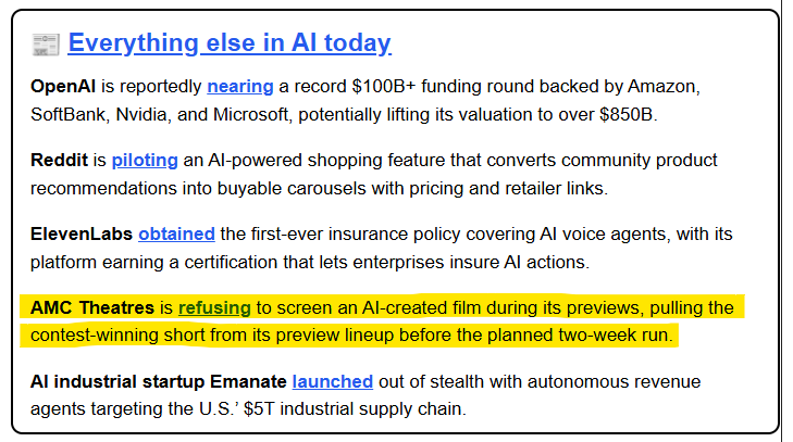A snippet from The Rundown AI newsletter highlighting a news link about AMC Theatres that was hijacked by a malicious redirect.