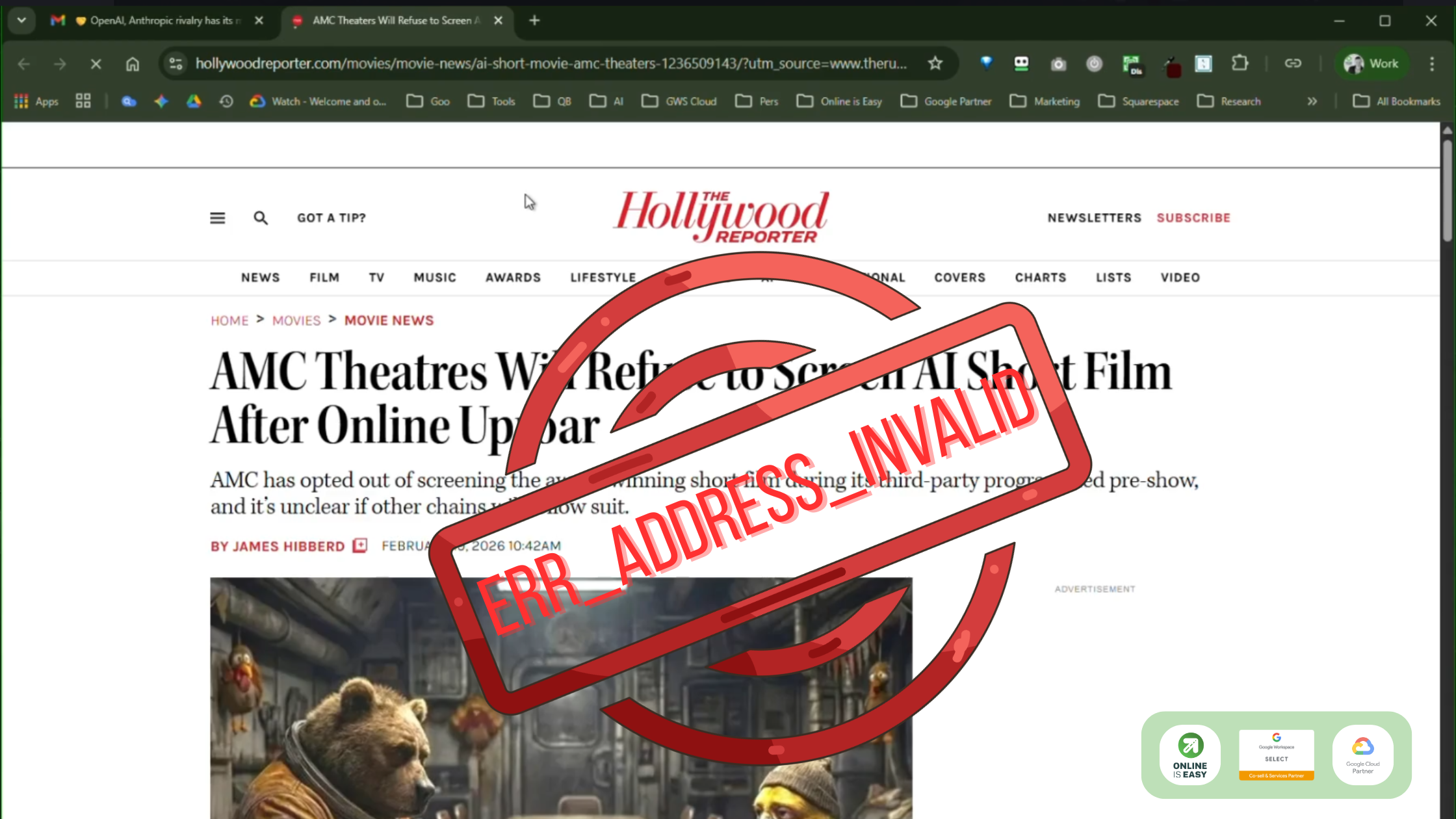 A screenshot of a Hollywood Reporter article about AMC Theatres refusing an AI short film, overlaid with a red error address invalid stamp indicating a cyber attack.