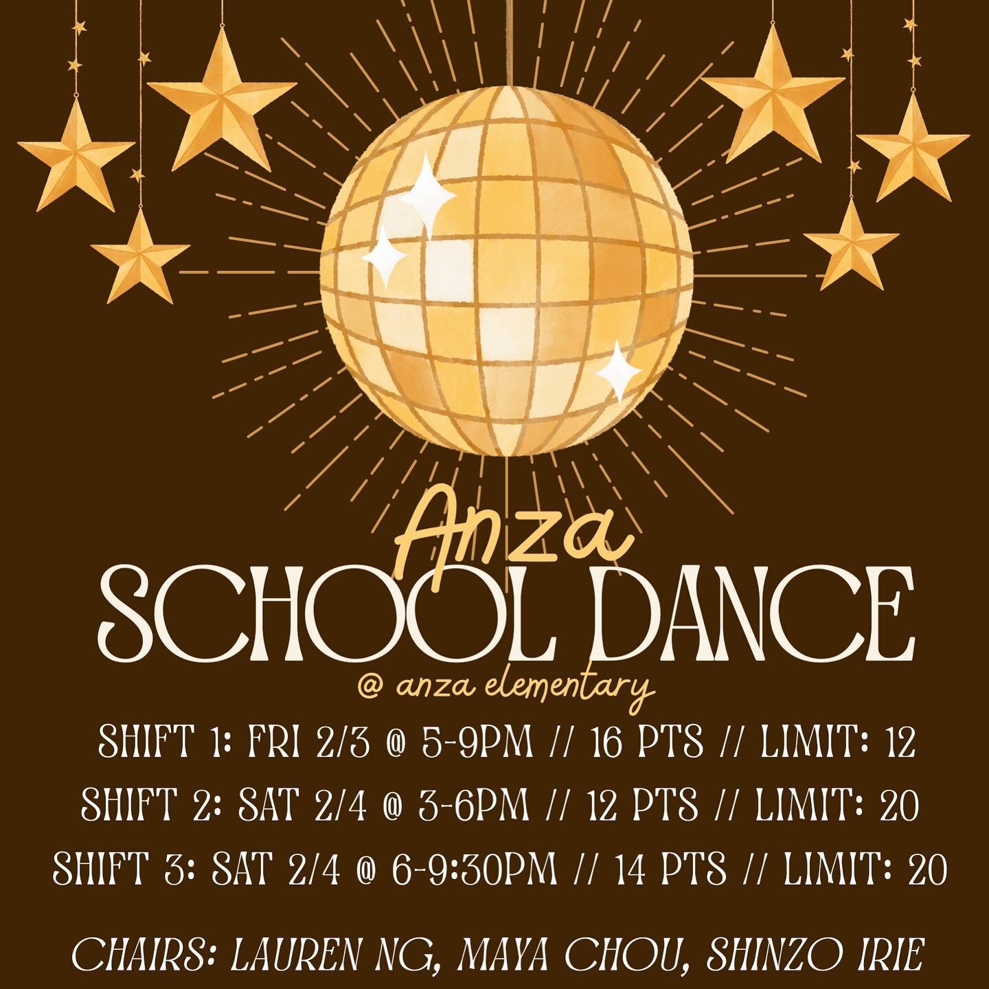 Help set up for the Anza school dance (shift 1/2) or help run the dance (shift 3). Sign up for this event at whscsf.org. These points will count towards second semester.