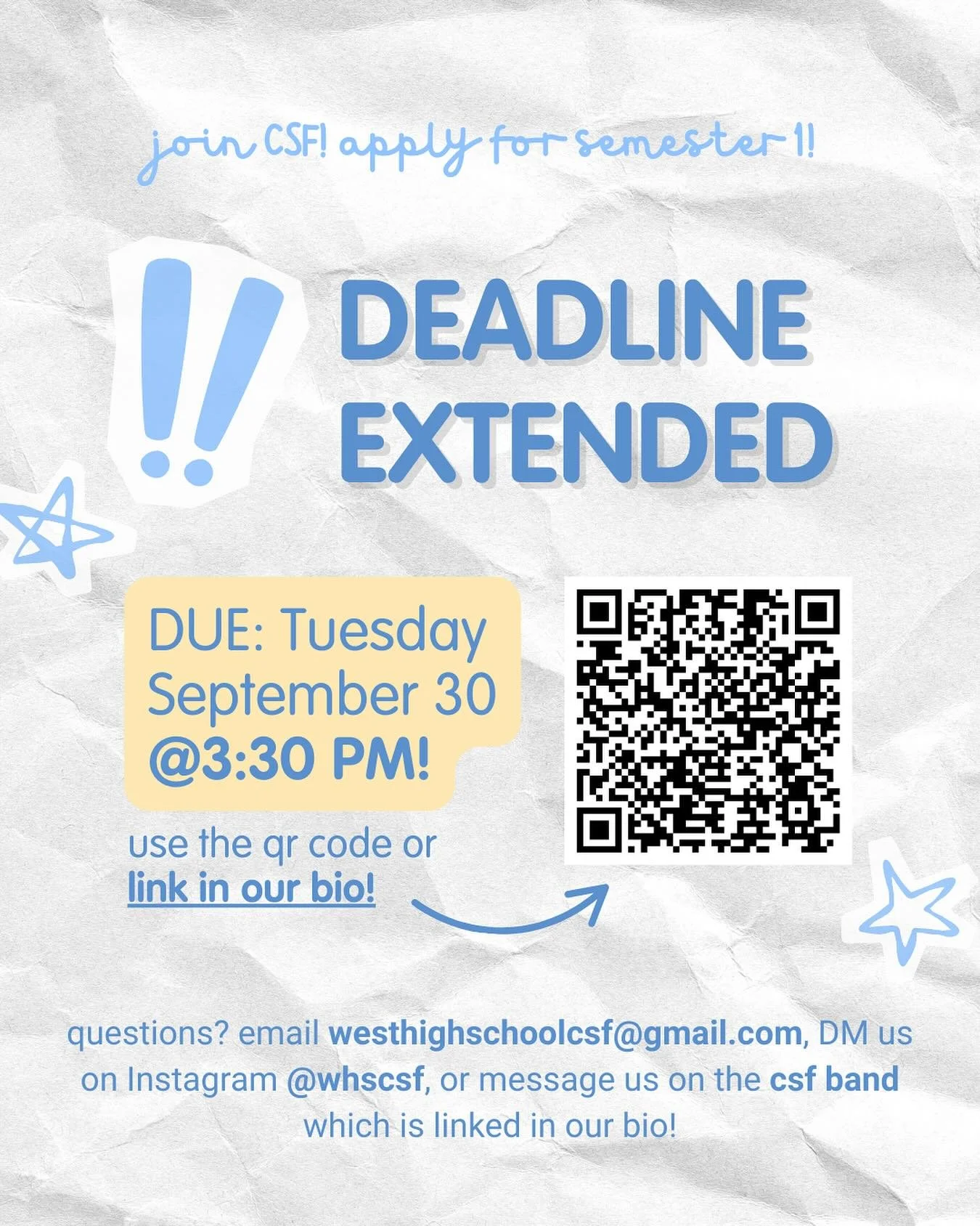 ‼️ THE CSF APPLICATION DEADLINE HAS BEEN EXTENDED ‼️
applications are now due TUESDAY (tomorrow) at 3:30 PM! use the qr code or link in our bio to access the application, and see our original post for FAQs and their answers! GET YOUR APPLICATIONS IN 