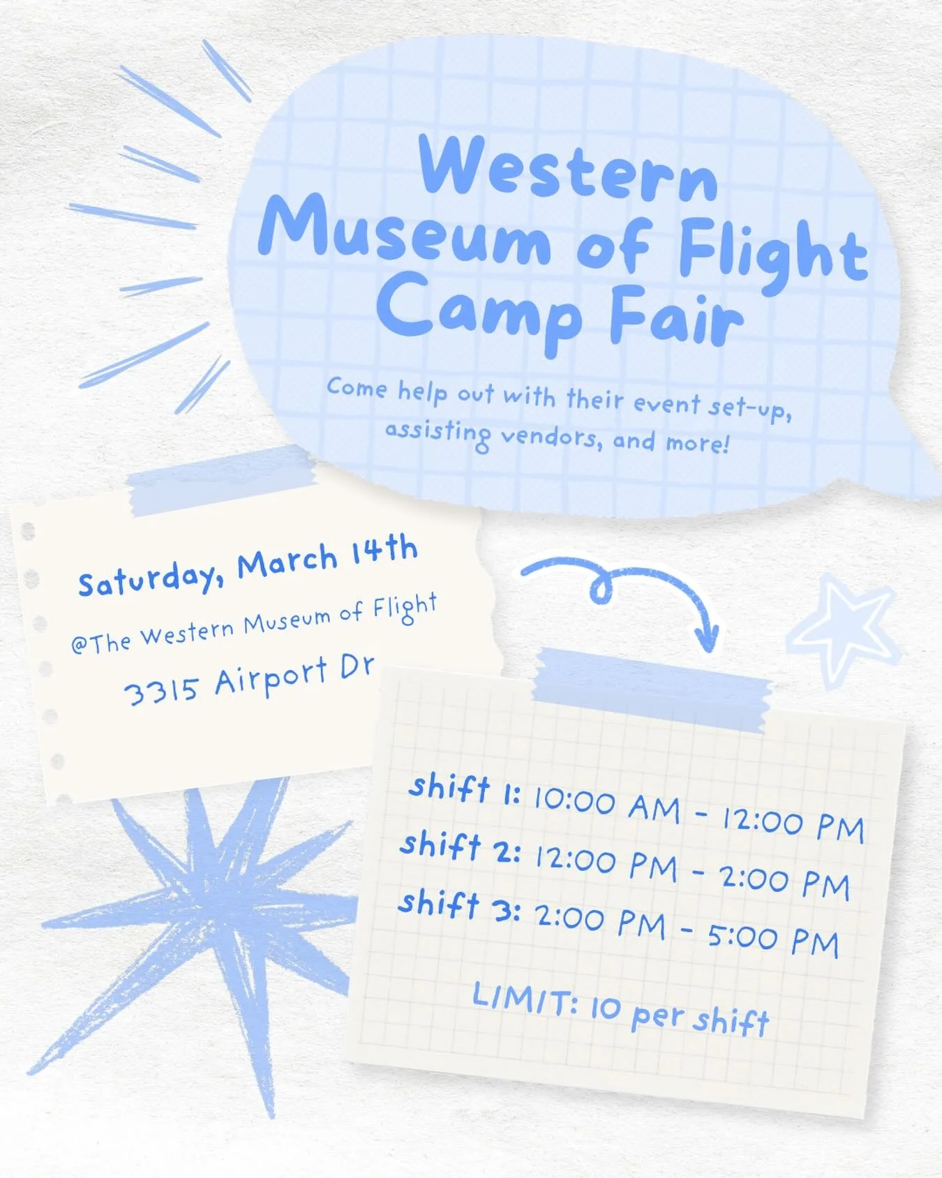 come help the Western Museum of Flight with their camp fair! the event is this saturday (the 14th), sign up on the CSF website!! 😛😛