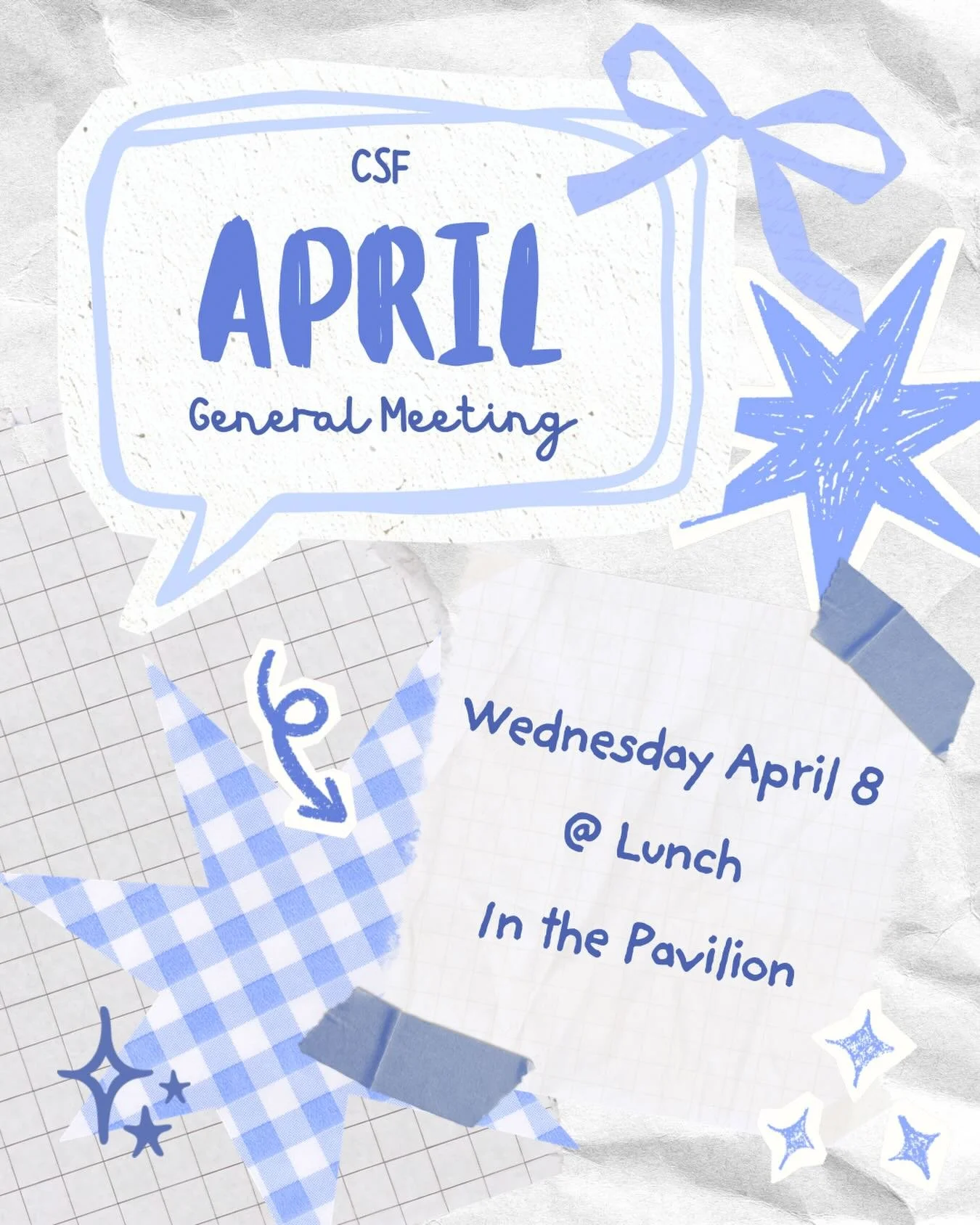 HELLOO CSF!! our april general meeting is TOMORROW during lunch 🤗🤗 see you in the pavilion !!!