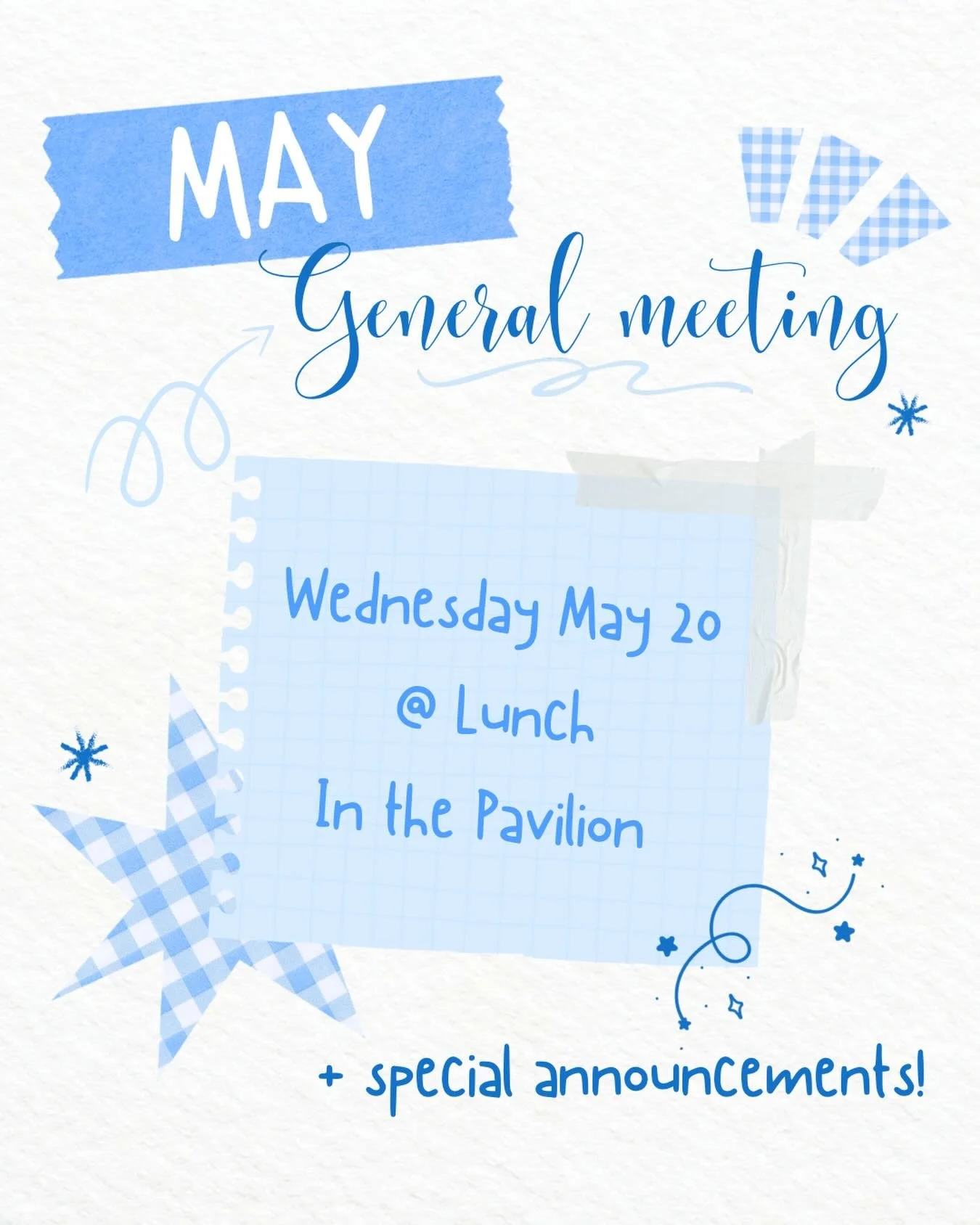 HEY CSF!!!!! our may general meeting which is also our LAST general meeting is tomorrow during lunch 😛😛 stop by for lots of special announcements that you DON&rsquo;T WANNA MISS. see you guys there 🤗🫰🫰
