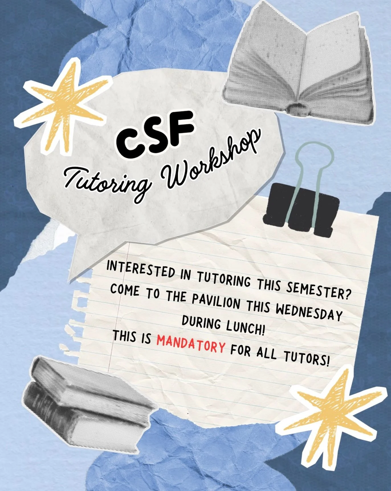 MANDATORY TUTORING WORKSHOP 🚨‼️

Interested in tutoring this semester? 
In the pavilion this Wednesday during lunch!

BE THERE 🫵