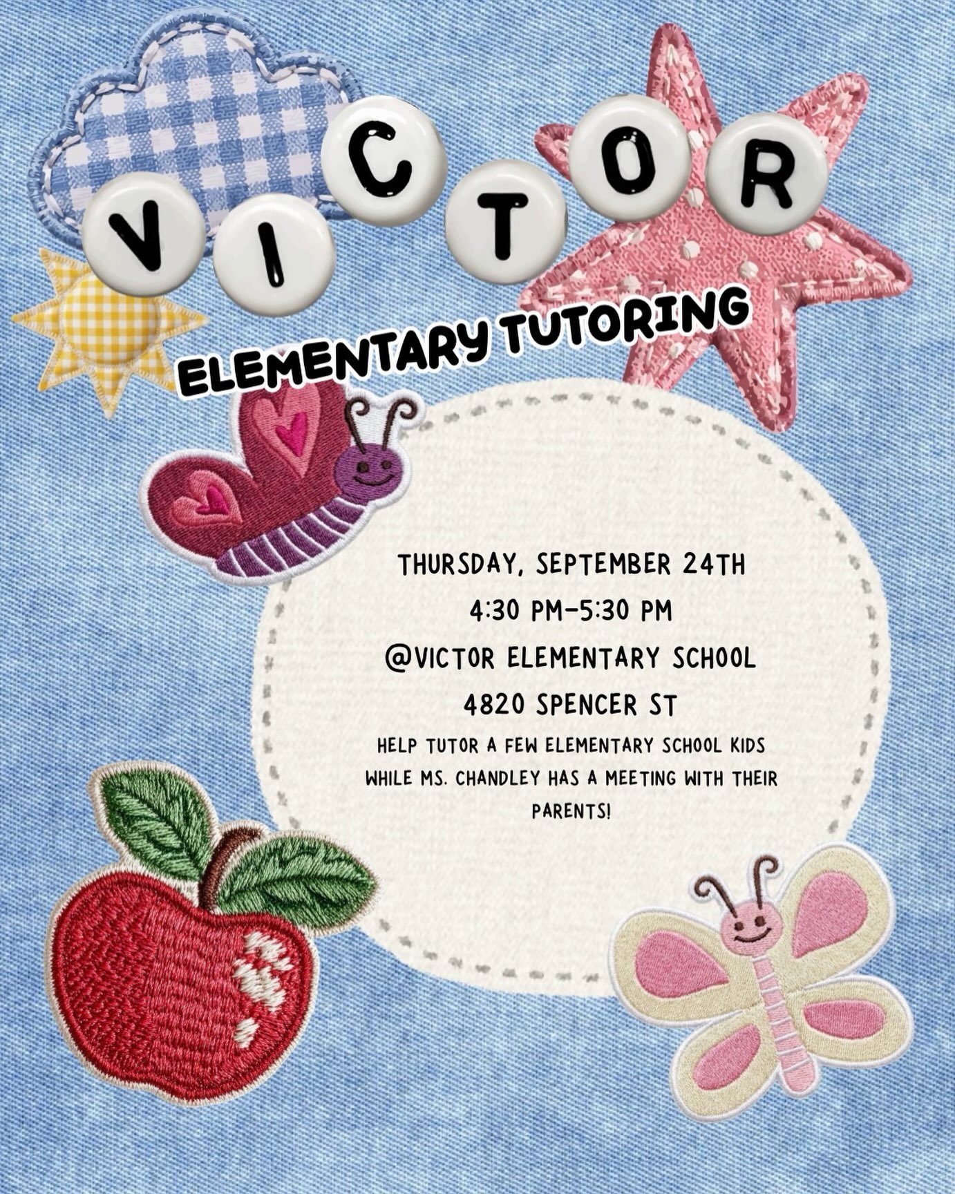 NEW EVENT ALERT‼️🚨

SIGN UP FOR VICTOR ELEMENTARY TUTORING THIS THURSDAY!!!

When: Thursday, September 24th 4:30 pm-5:30 pm

Where: Victor Elementary School 4820 Spencer St

What: Help tutor a few elementary school kids while Ms. Chandley has a meet
