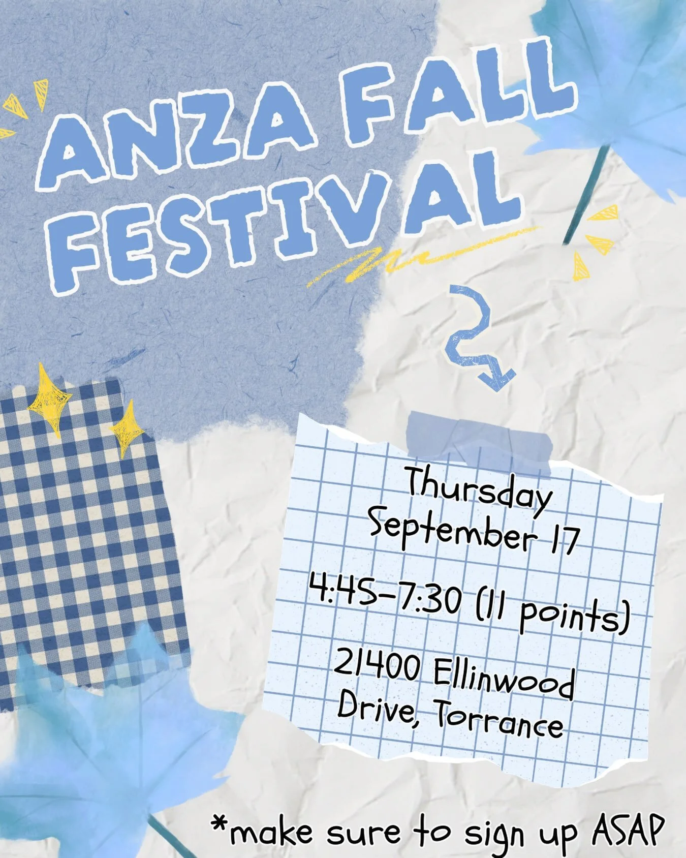 NEW EVENT ALERT 🚨🚨

The Anza Elementary Fall Festival is on September 17 at Ellinwood Drive, Torrance! Make sure to sign up ASAP at whscsf.org to volunteer!!!