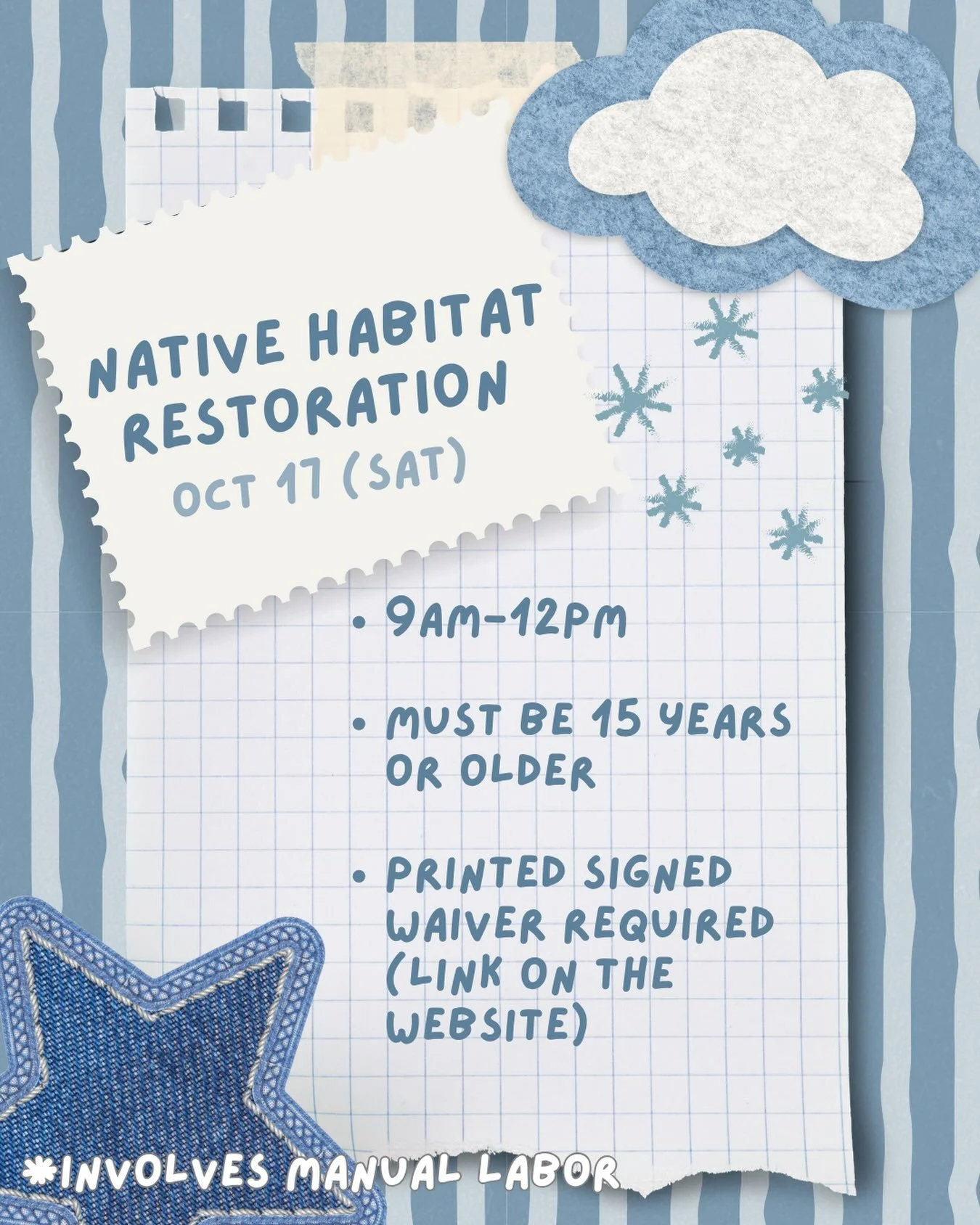 Get ahead on points this Saturday at the Native Habitat restoration on Oct 17 from 9am-12pm!

You must be 15 years or older and MAKE SURE TO PRINT OUT A SIGNED WAIVER, link on the website!