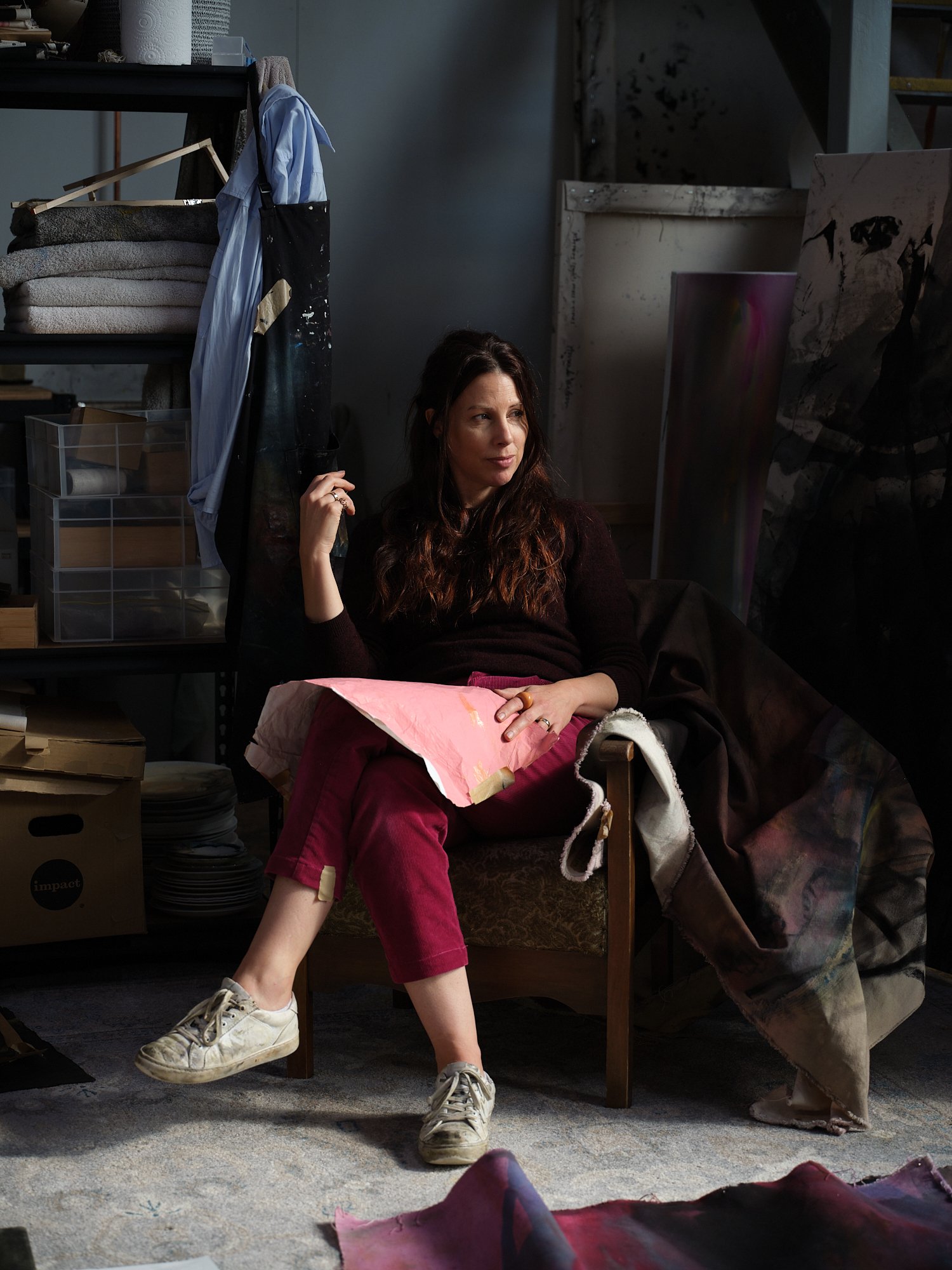Amanda Watson in her studio, artist, painter, artist portrait, women artist, new zealand artist