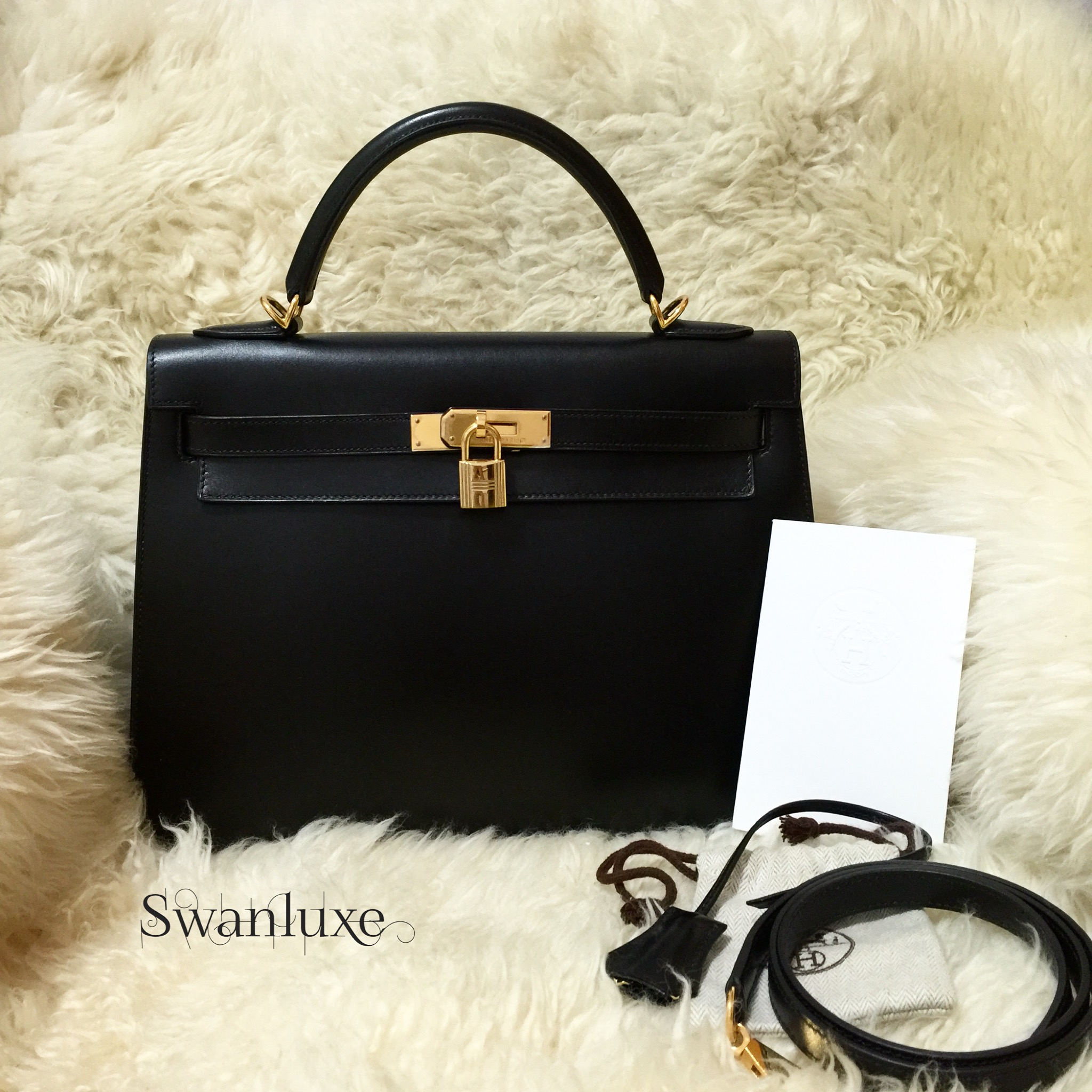 Hermes Kelly 32 Black Boxcalf Sellier