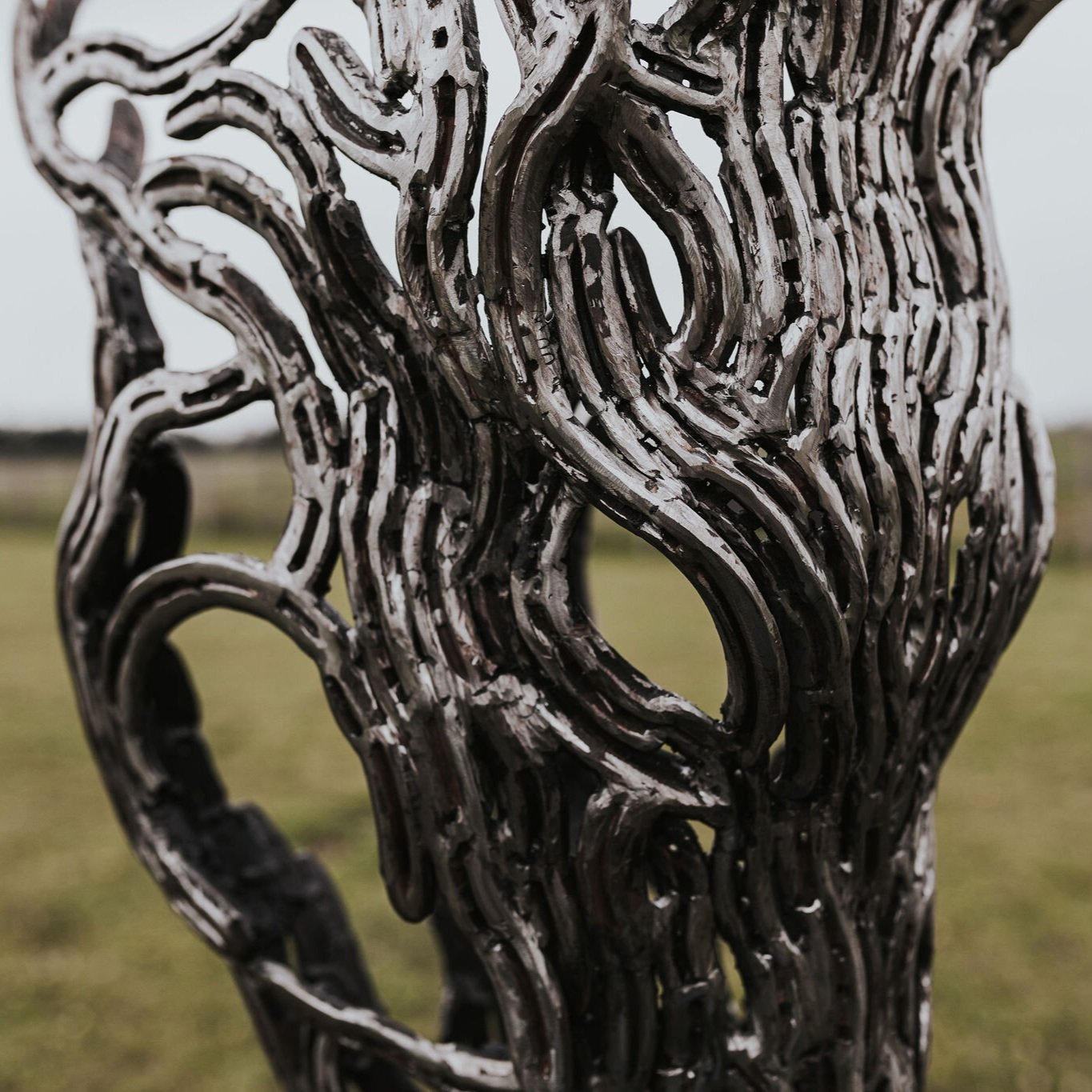 Grazing Horse sculpture made from horseshoes, Close up