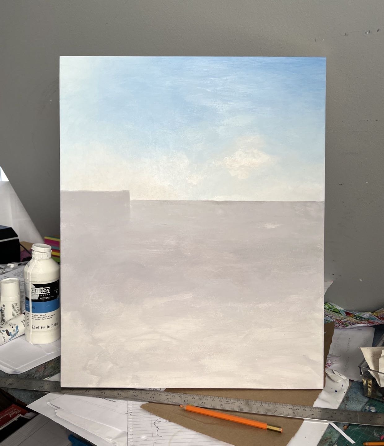 How it starts, sky first, always. I&rsquo;m working away on new stuff for the @torontooutdoorart fair at Nathan Phillips Square, July 12-14th. #nscad #torontoart #toaf63 #toaf