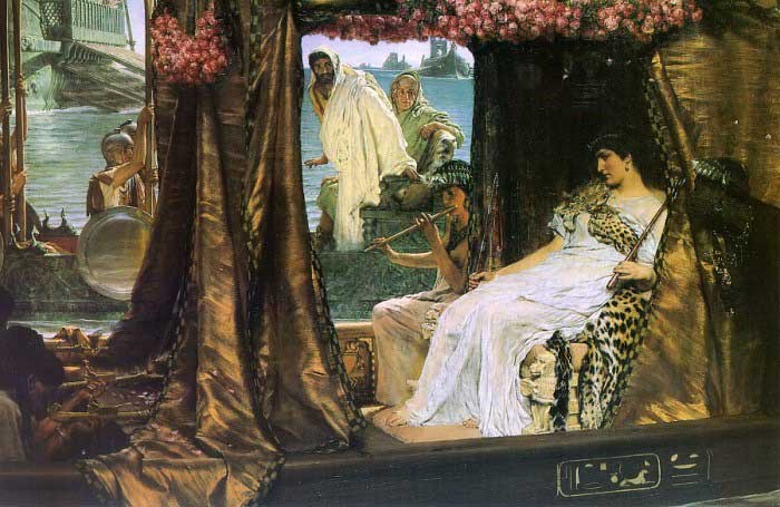 "The Meeting of Antony and Cleopatra," Lawrence Alma Tadema (1884) The famous Egyptian queen Cleopatra embraced the seductive effects of perfume. According to legend, she coated the sails of her boat with fragrant oils so that Mark Antony would delight in the scent of her marvelous arrival. In the words of Shakespeare: "The barge she sat in, like a burnish’d throne, Burn’d on the water; the poop was beaten gold, Purple the sails, and so perfumed that The winds were lovesick with them…"