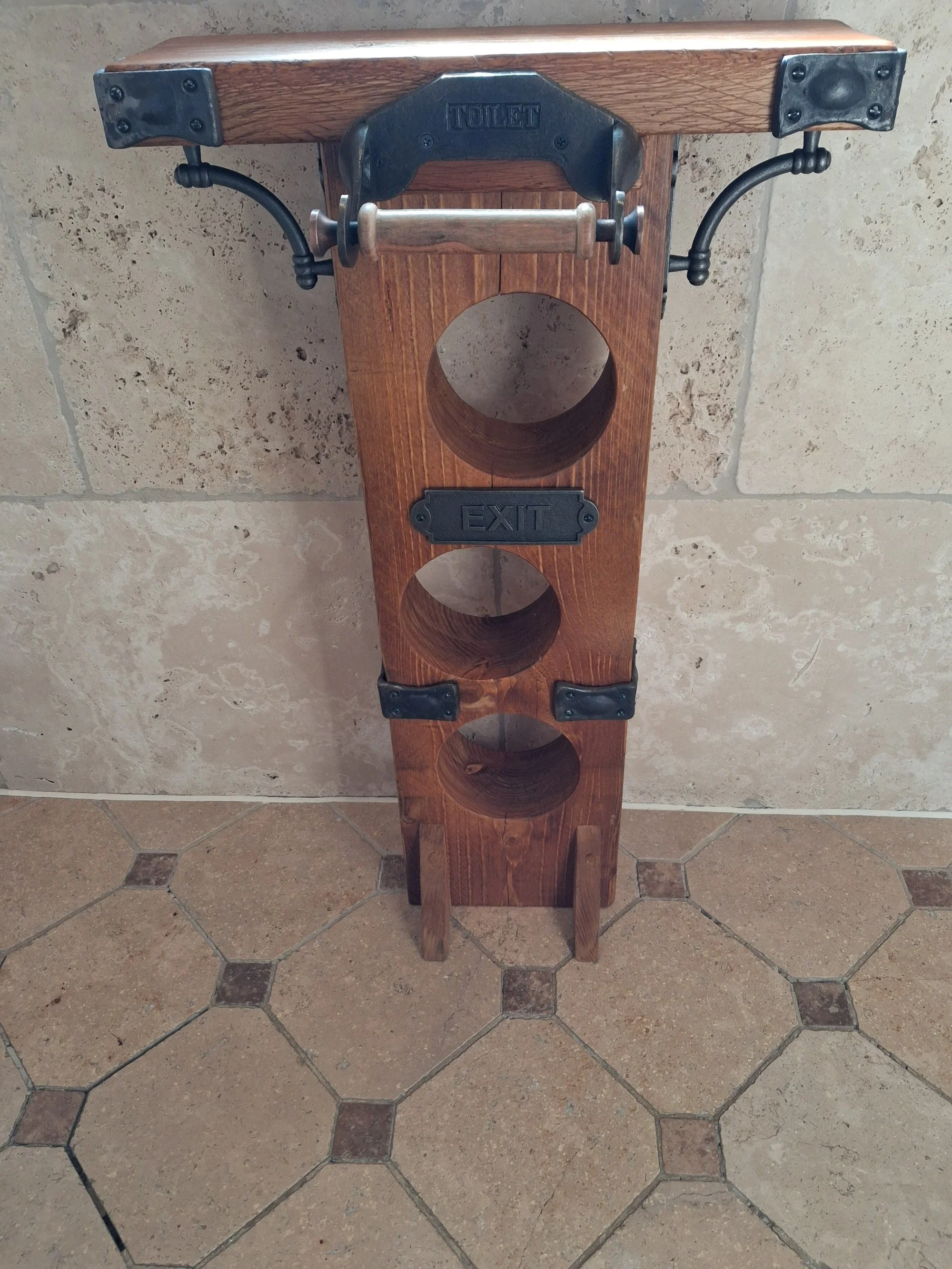  Toilet roll holder with chunky metal work, and top shelf 