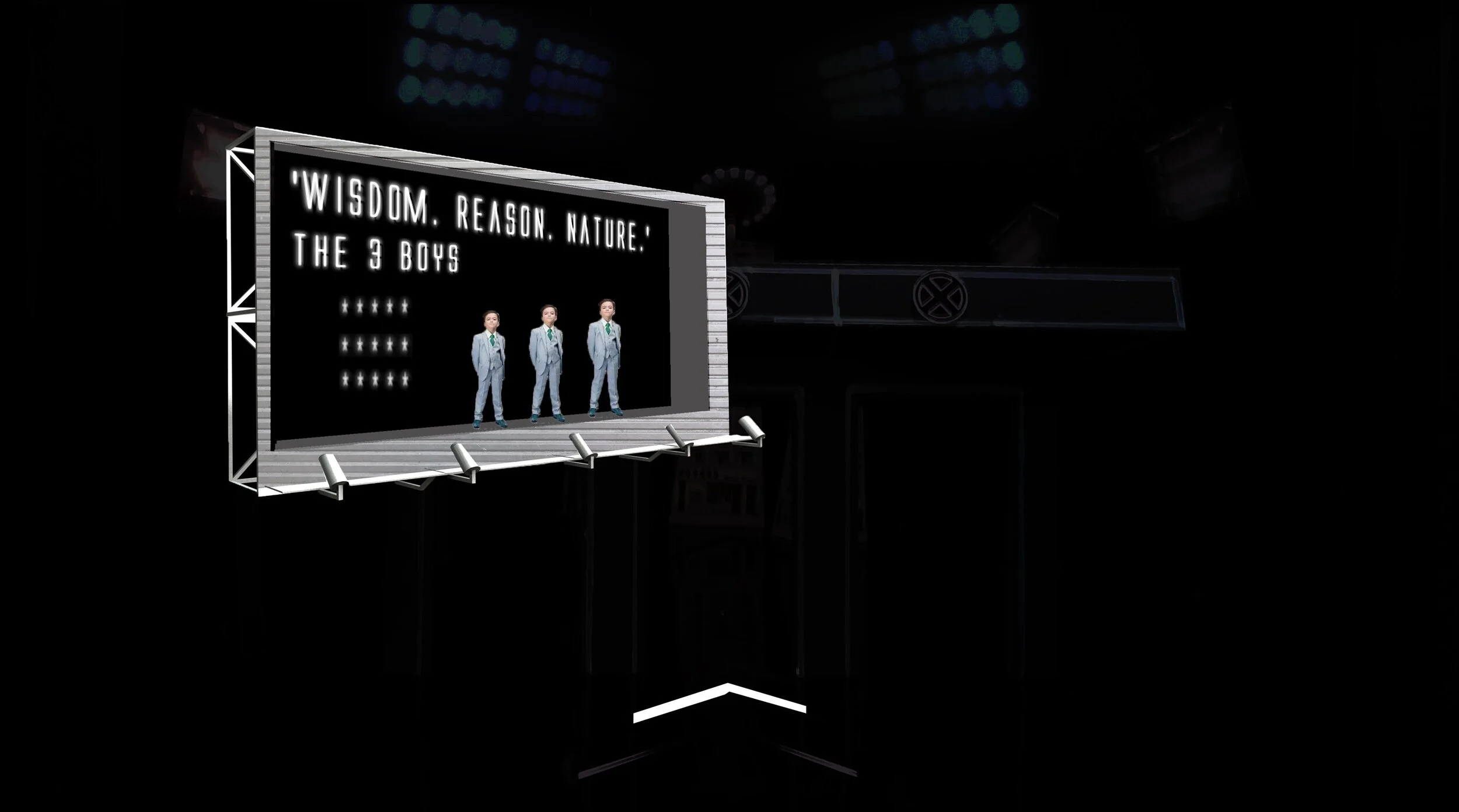  The 3 Boys are a trio of young motivational speakers, and appear as a live billboard on the highway on the approach to the city 