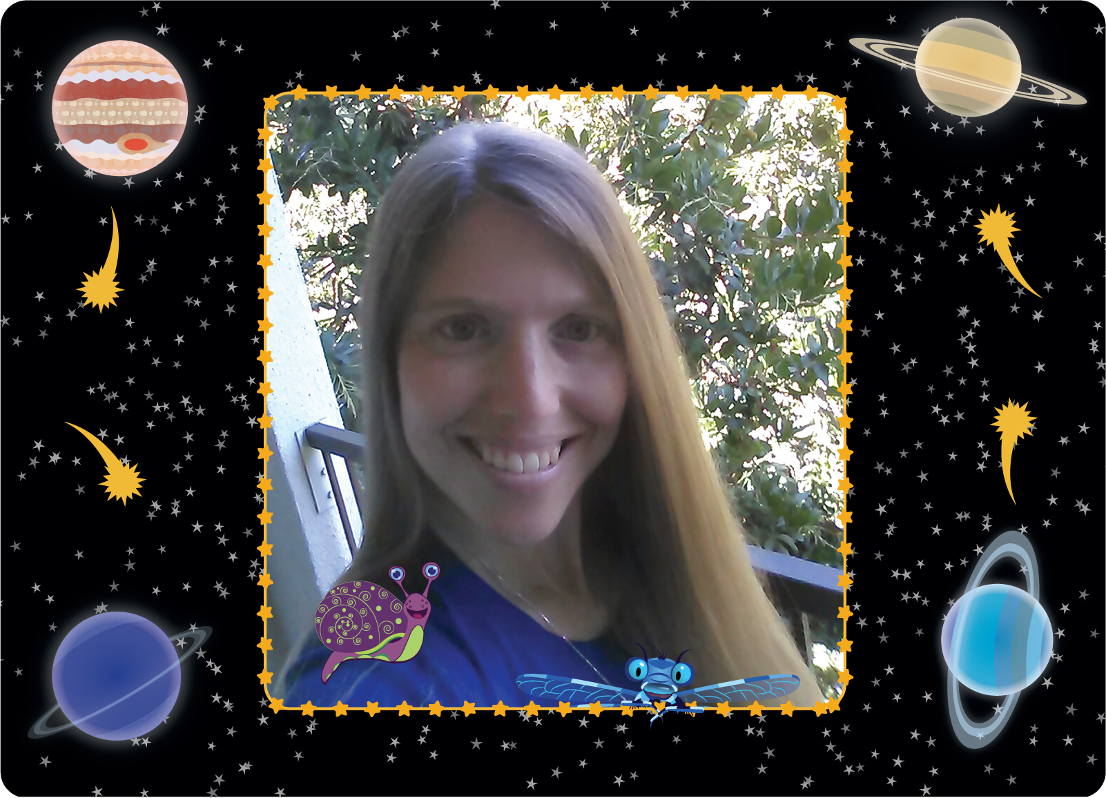 This is Sammy the Snail. My characters like to pose on my shoulder for illustrator pictures.