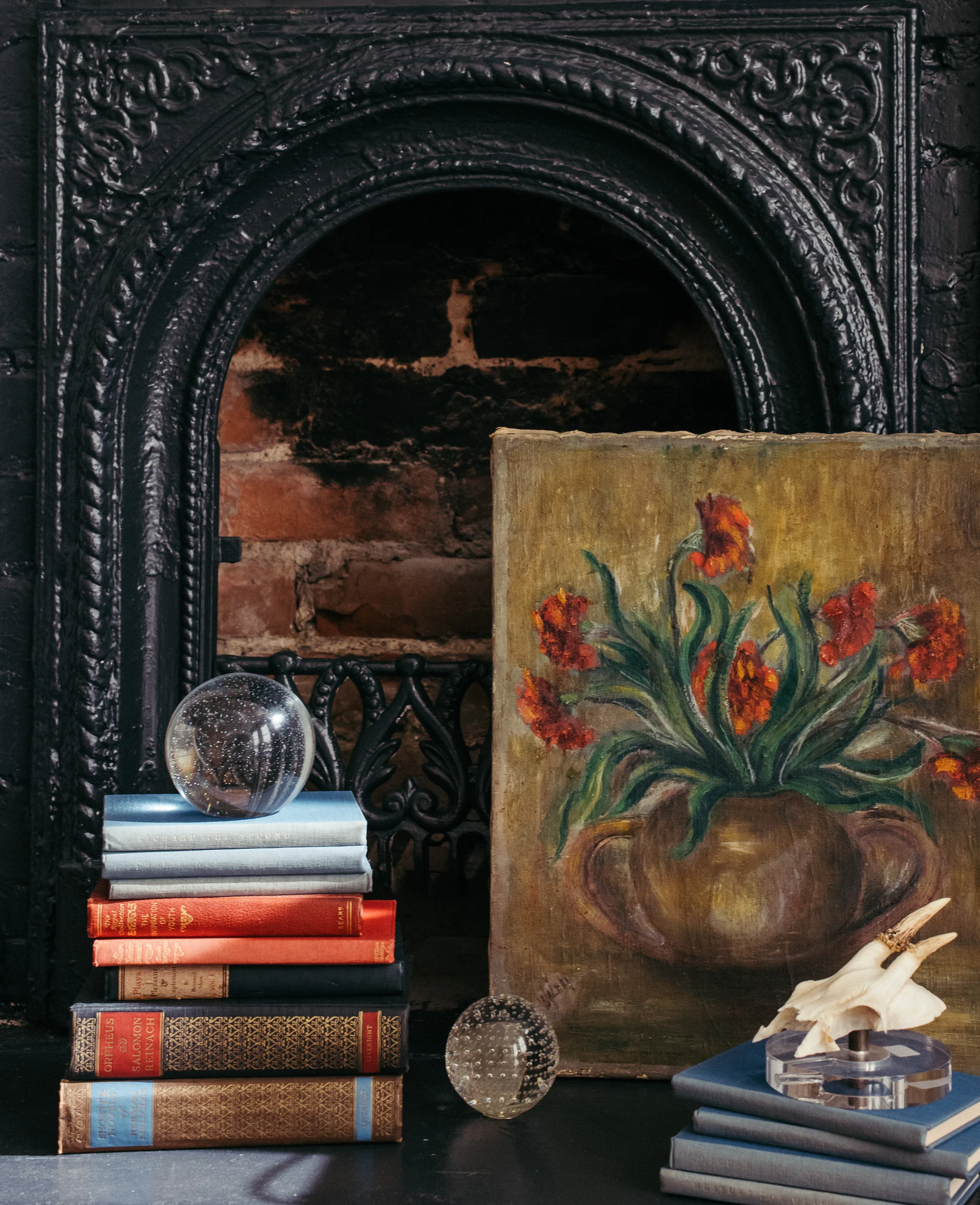 Various Antique Books and French Floral Painting - sourced from Fireside