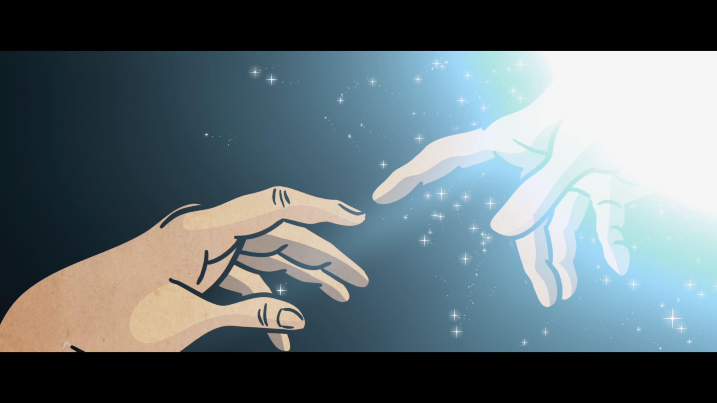 Toby touches the hand of God.