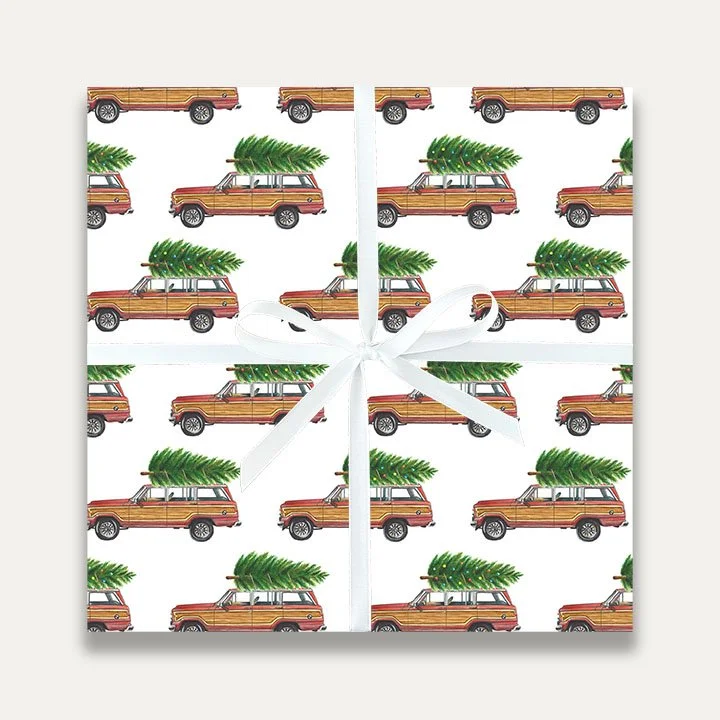 Janice Nelson Designs Christmas Jeep Wagoneer Gift Wrap Holiday Wrapping Paper Woodie Wagon Gift Wrap