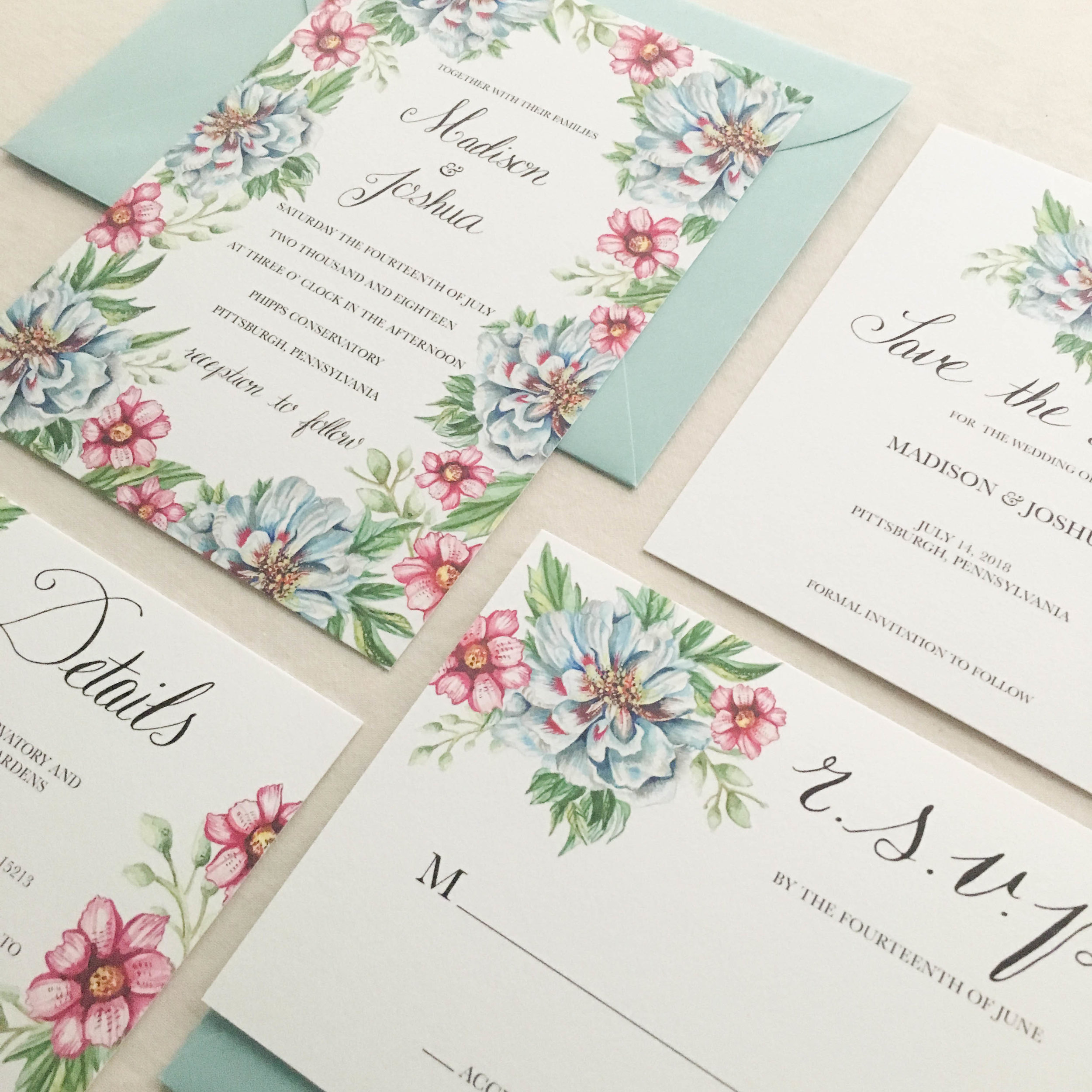 Janice Nelson Made in USA floral border wedding stationery with blue peonies, pink blossoms, and green leaves semi-custom hand painted watercolor wedding invitation details and RSVP custom wedding 