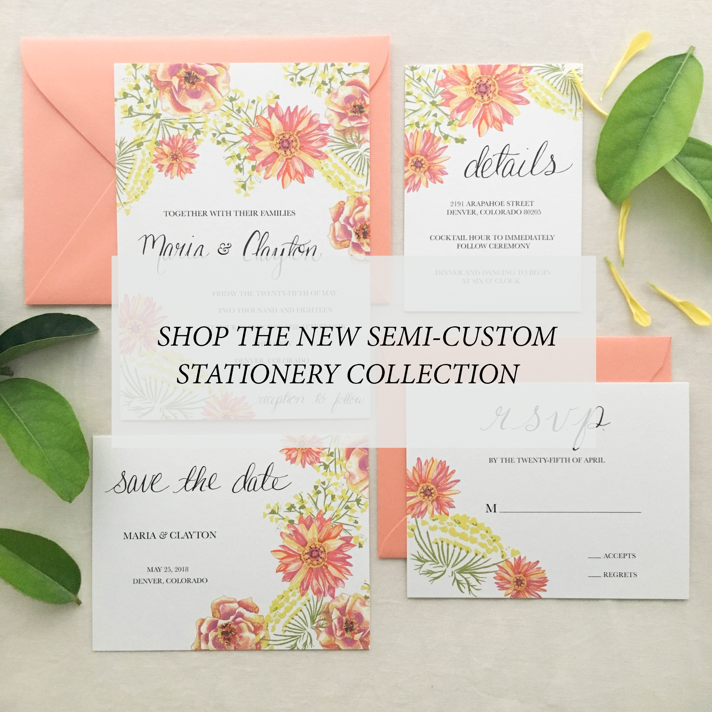 Janice Nelson Made in USA retro vintage wedding stationery with pink daisies, queen anne's lace, garden design semi-custom hand painted watercolor and gouache wedding invitation custom wedding invite