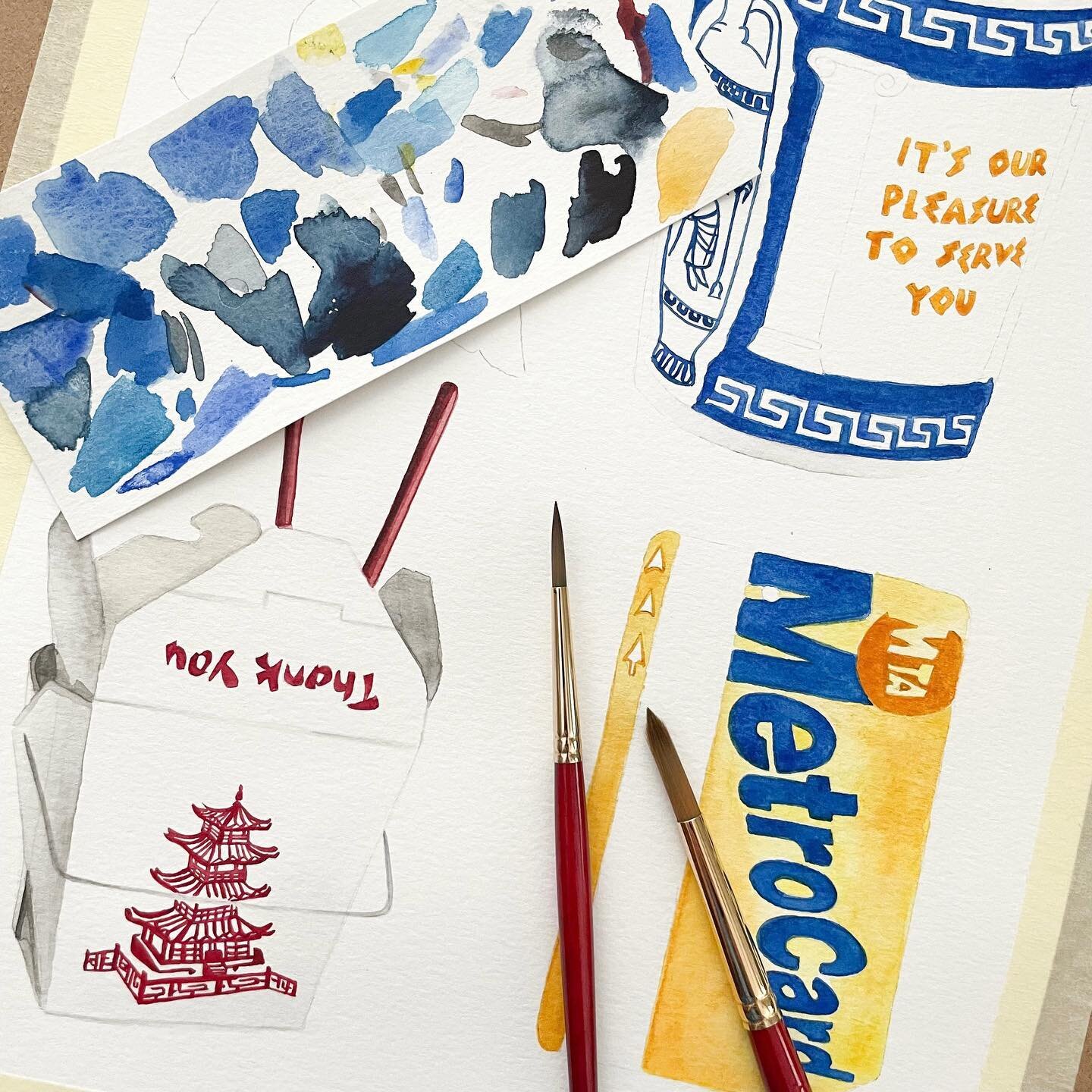 Fun and vibrant NYC motifs for upcoming products! A watercolor New York City deli coffee cup, MetroCard, and a Chinese takeout container are just a few of the motifs that are in the works! 🗽🥡🥢
