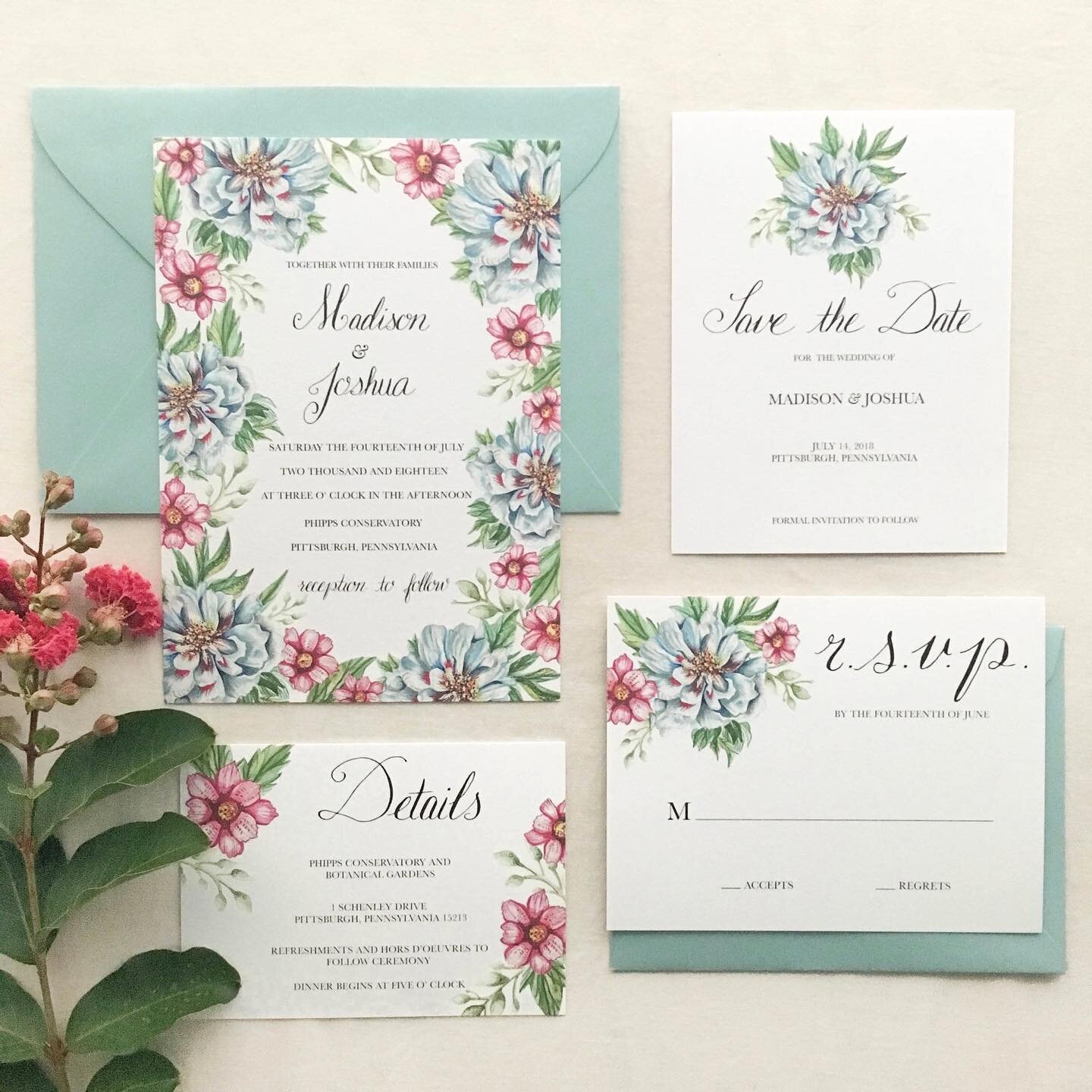 Refreshingly artistic azure peonies, cherry pink petals, and verdant greenery dance around this classic yet modern design. This semi-custom wedding stationery suite is available on my website, and is customizable to your event details and calligraphy