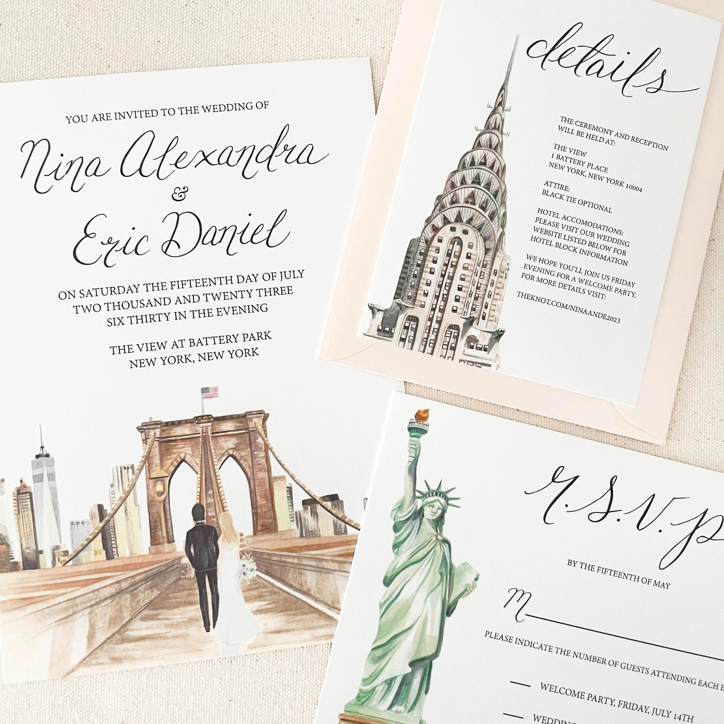 This custom watercolor wedding stationery suite I created features a detailed Brooklyn Bridge with the couple walking hand in hand, and corresponding cards with the Statue of Liberty, and Chrysler Building to showcase a very New York City wedding! I 