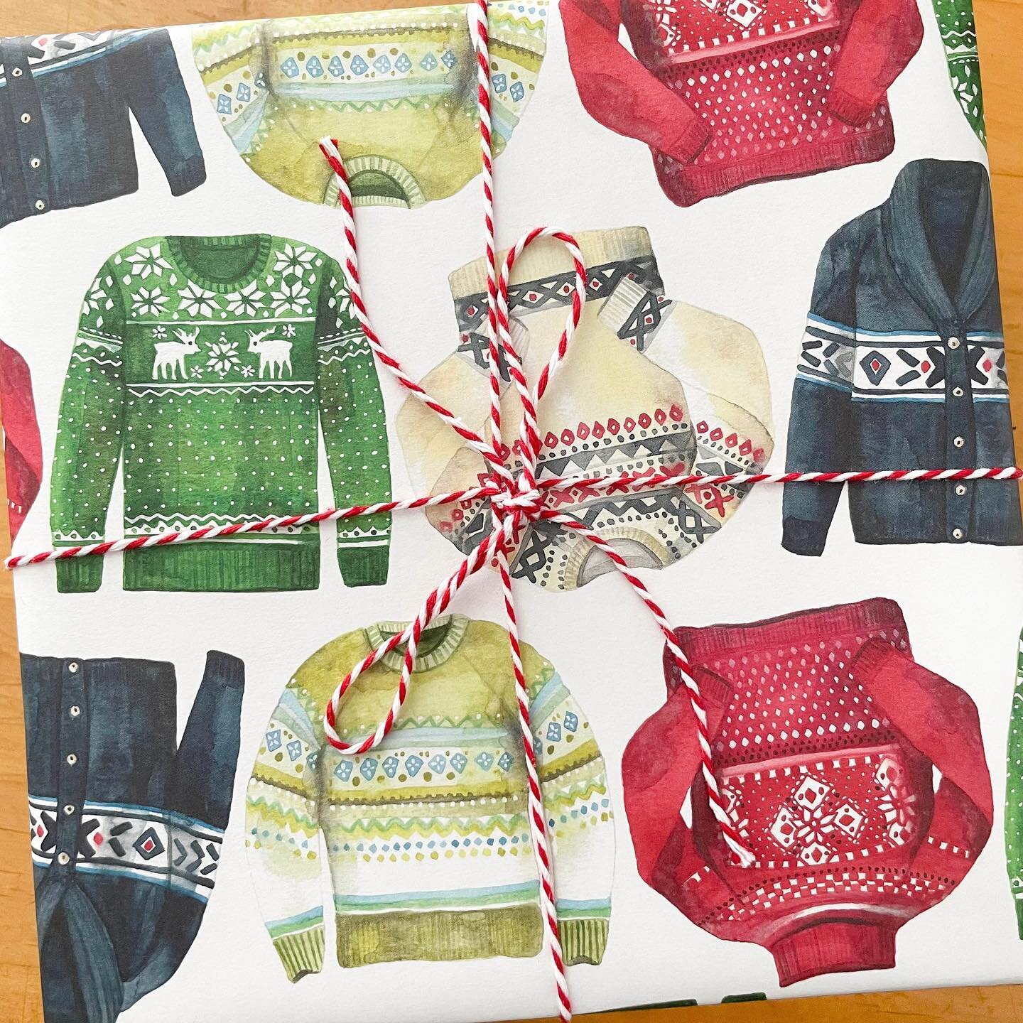 Kick off your holiday shopping weekend today by using code HOLIDAY23 on my website for 20% off all gift wraps, gift tags, cards, and art prints! Valid today through Sunday. This cute holiday sweater gift wrap is available, plus lots of other festive 