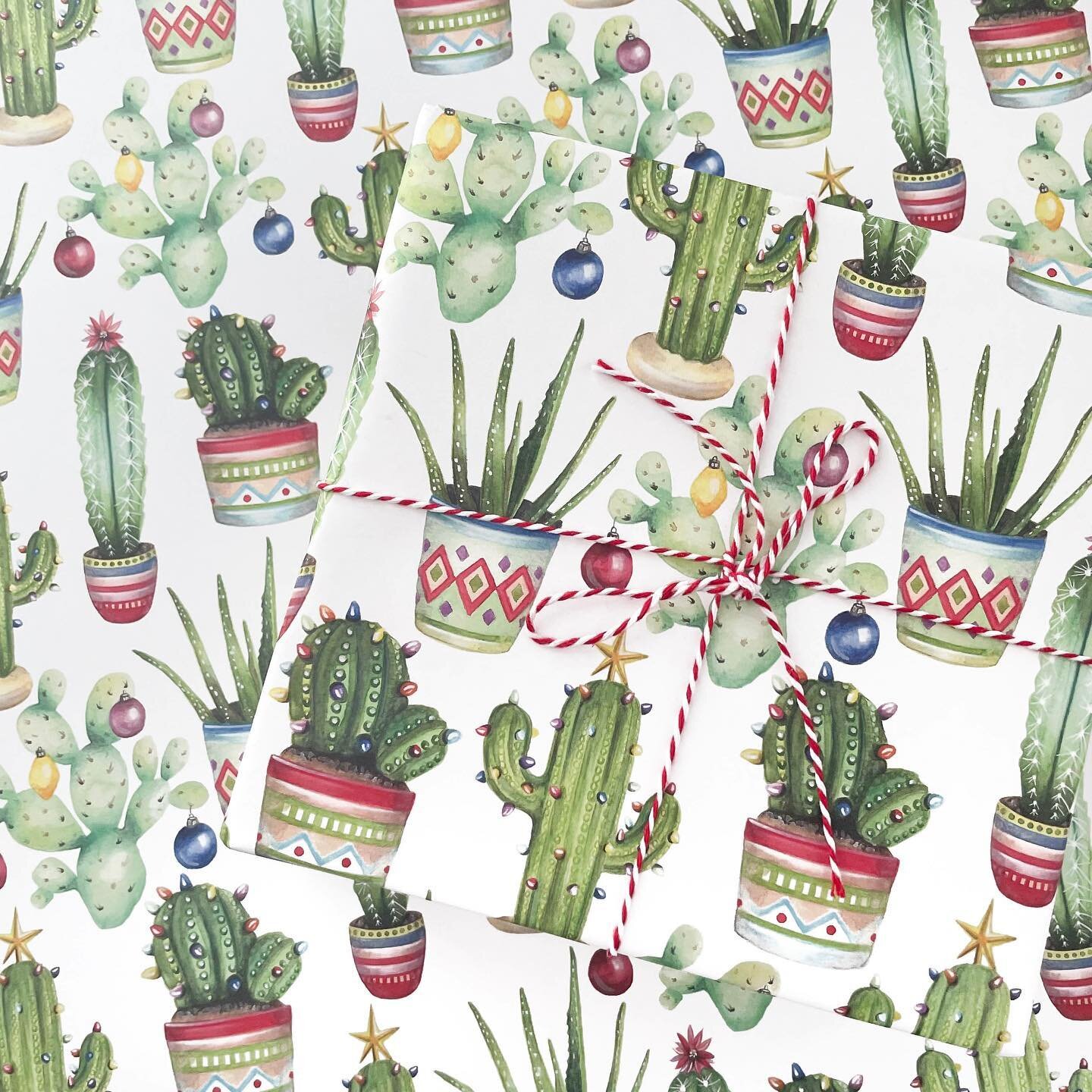 Charming and colorful patterned pots hold cute cactus motifs decked out in holiday style on my new holiday cactus gift wrap! There is still time to get your gift wrapping items before Christmas, so grab a roll (or three!) - perfect for any plant love