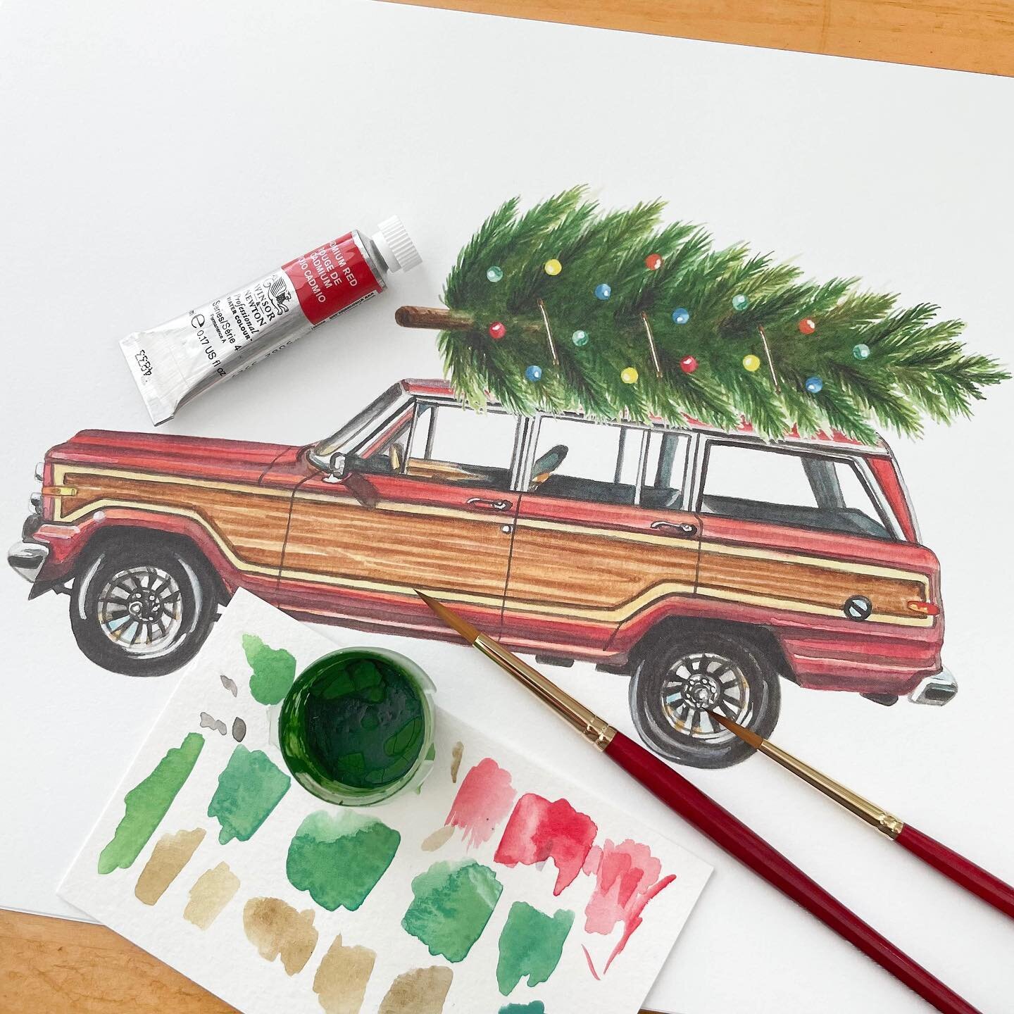 This vintage holiday Jeep Wagoneer made its debut this season, decked out in holiday style with a Christmas tree and colorful ornaments! Available as an 8x10 art print!🎄