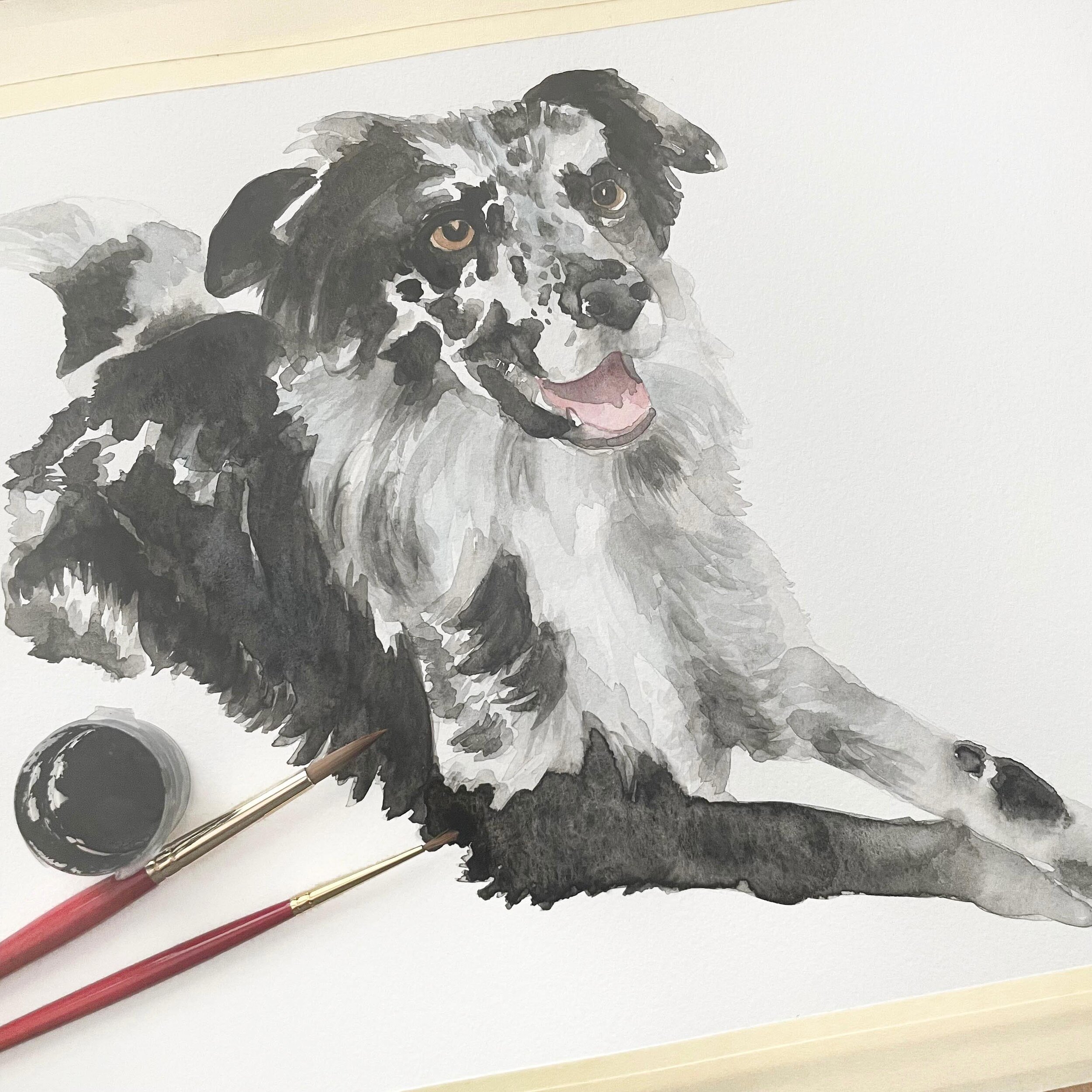 The first watercolor layers on a custom project of an adorable black and white pup with the cutest dappled fur! 🐾