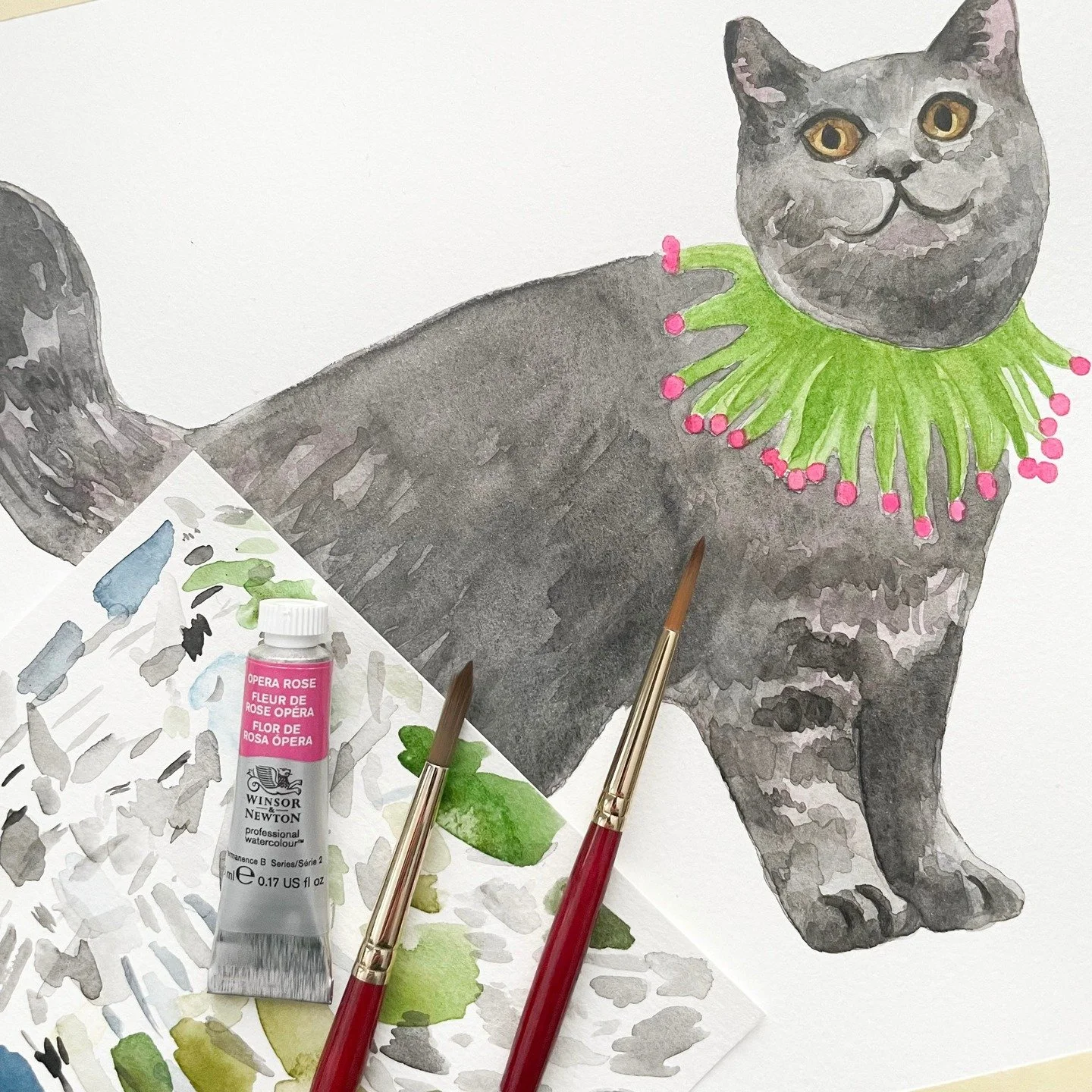 This cute watercolor Russian Blue cat motif is adorned with a festive green party collar! With a few more highlights and shadows it will be complete 🐈🎉